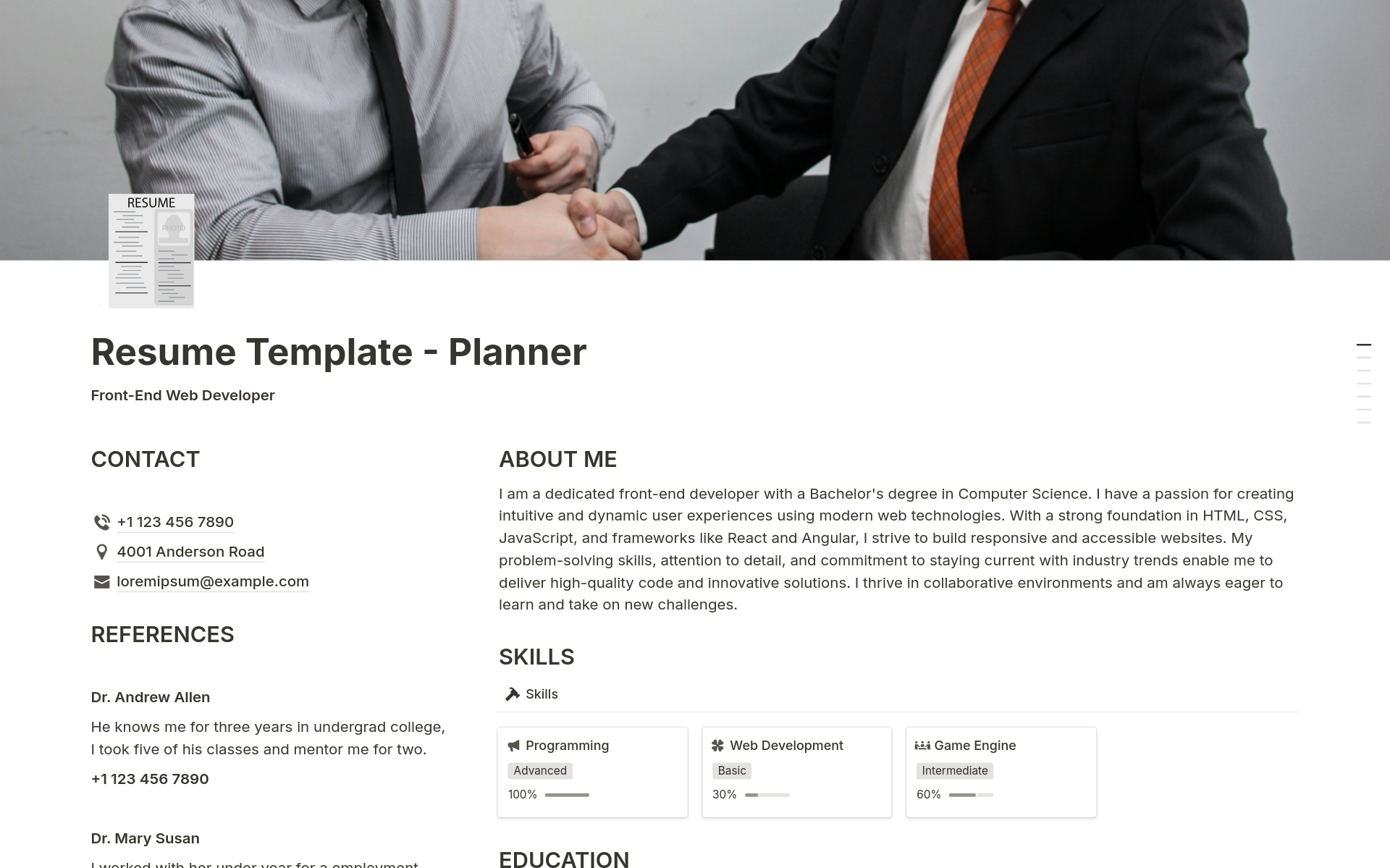 En förhandsgranskning av mallen för Resume - Planner