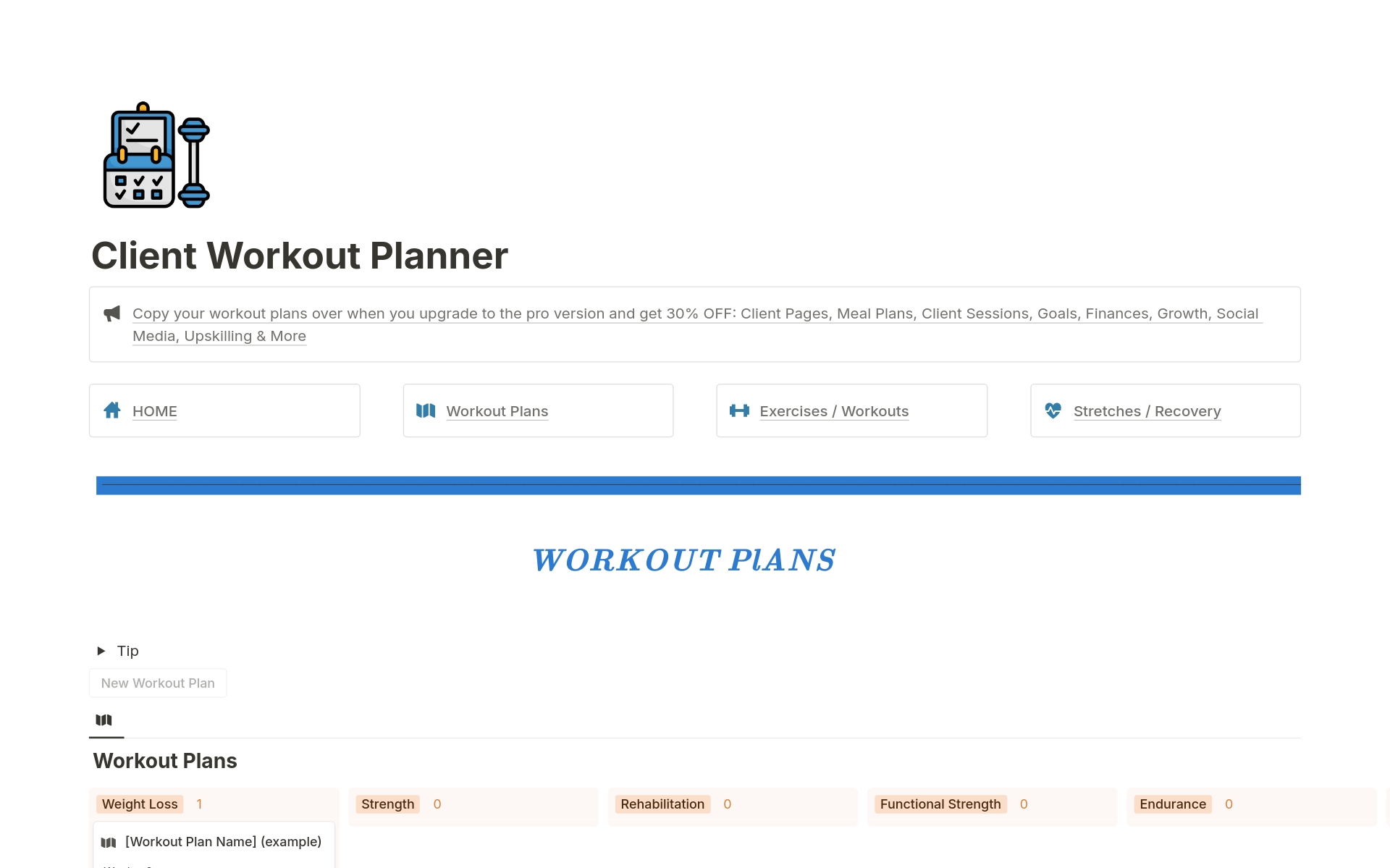 En forhåndsvisning av mal for Client Workout Planner