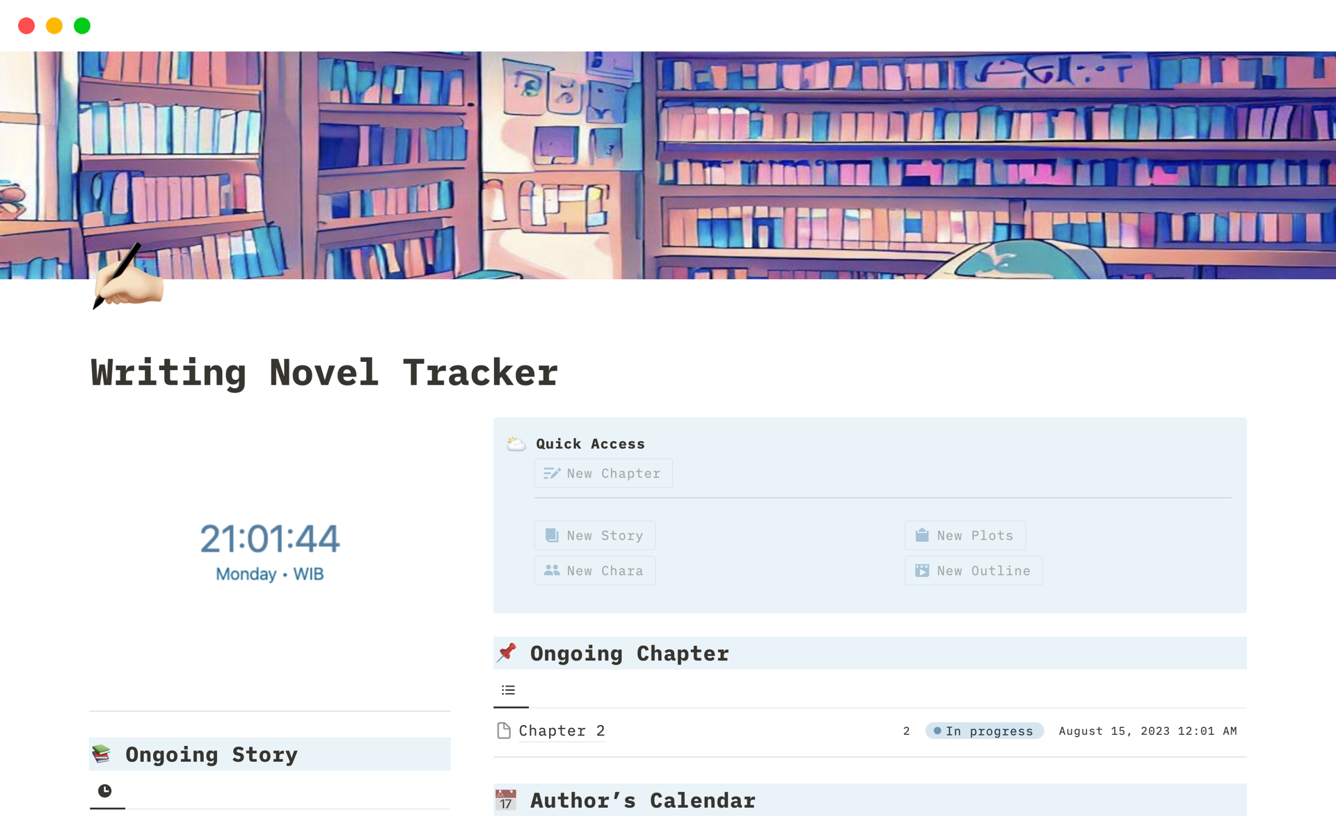 Vista previa de una plantilla para Writing Novel Tracker