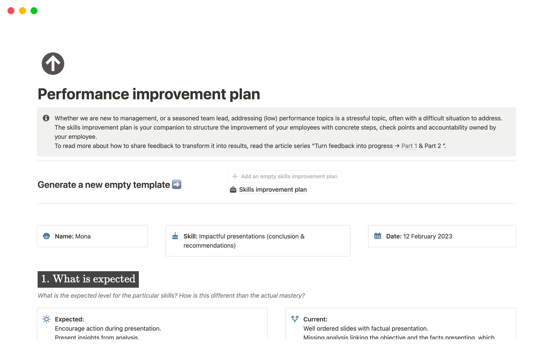 En förhandsgranskning av mallen för Performance improvement plan