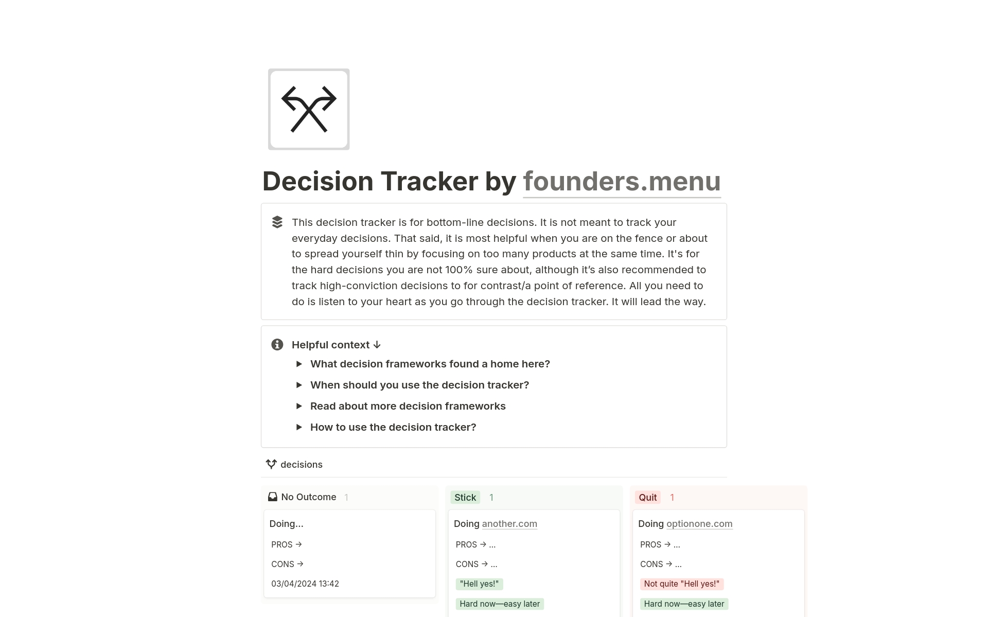 En förhandsgranskning av mallen för FOUNDERS Decision Tracker