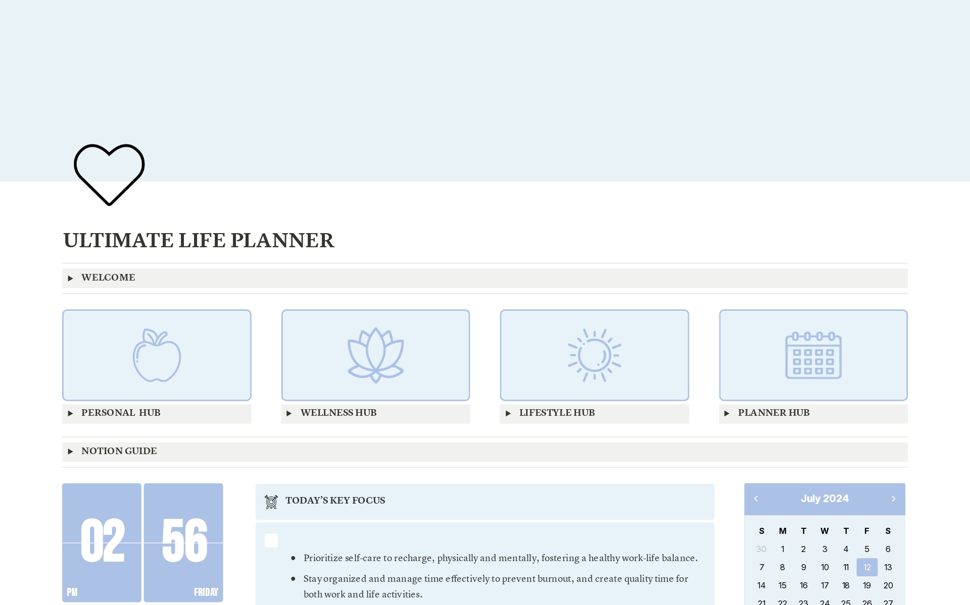 Eine Vorlagenvorschau für Ultimate Life Planner Blue