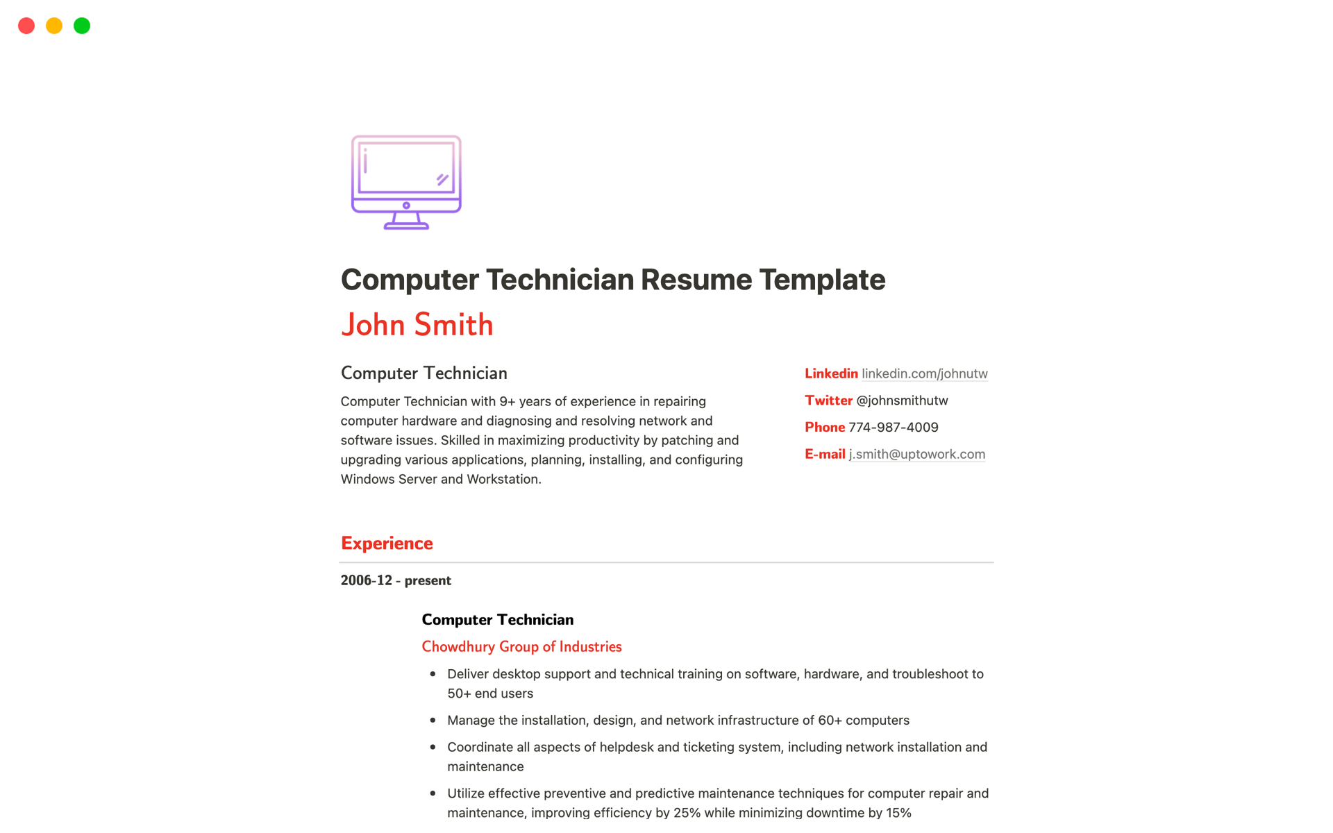 En forhåndsvisning av mal for Computer Technician Resume
