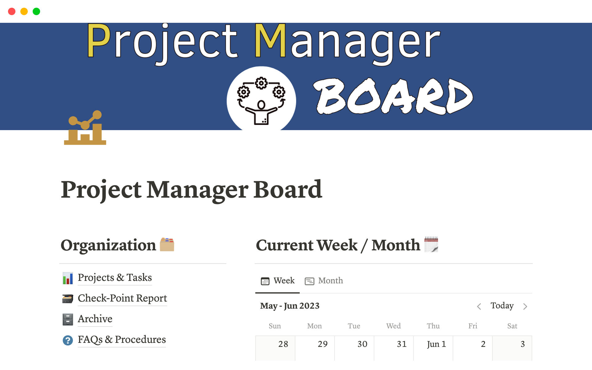 En forhåndsvisning av mal for Project Manager Board