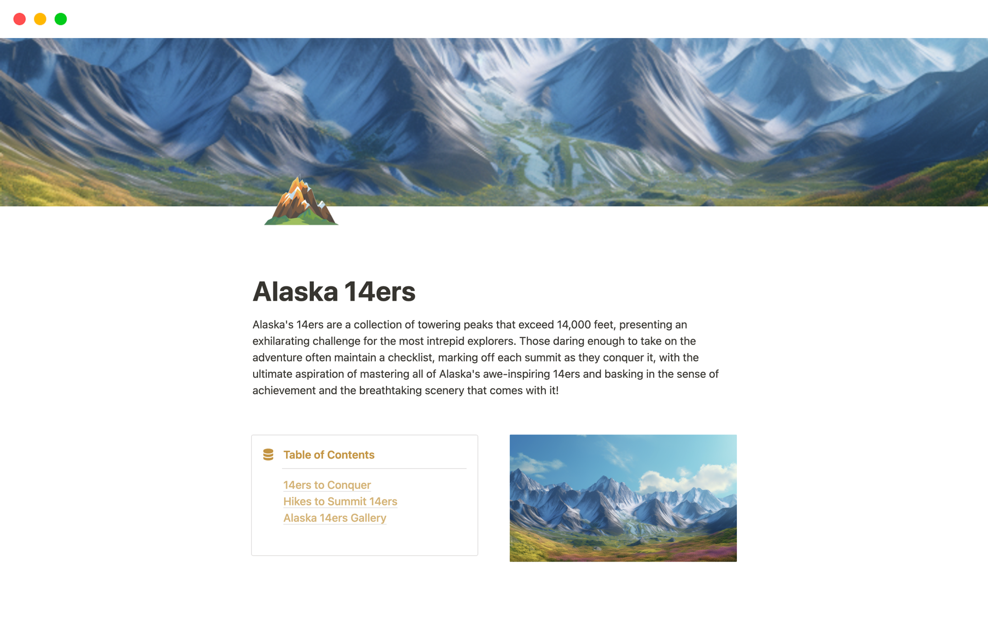 A template preview for Alaska 14ers Summit List