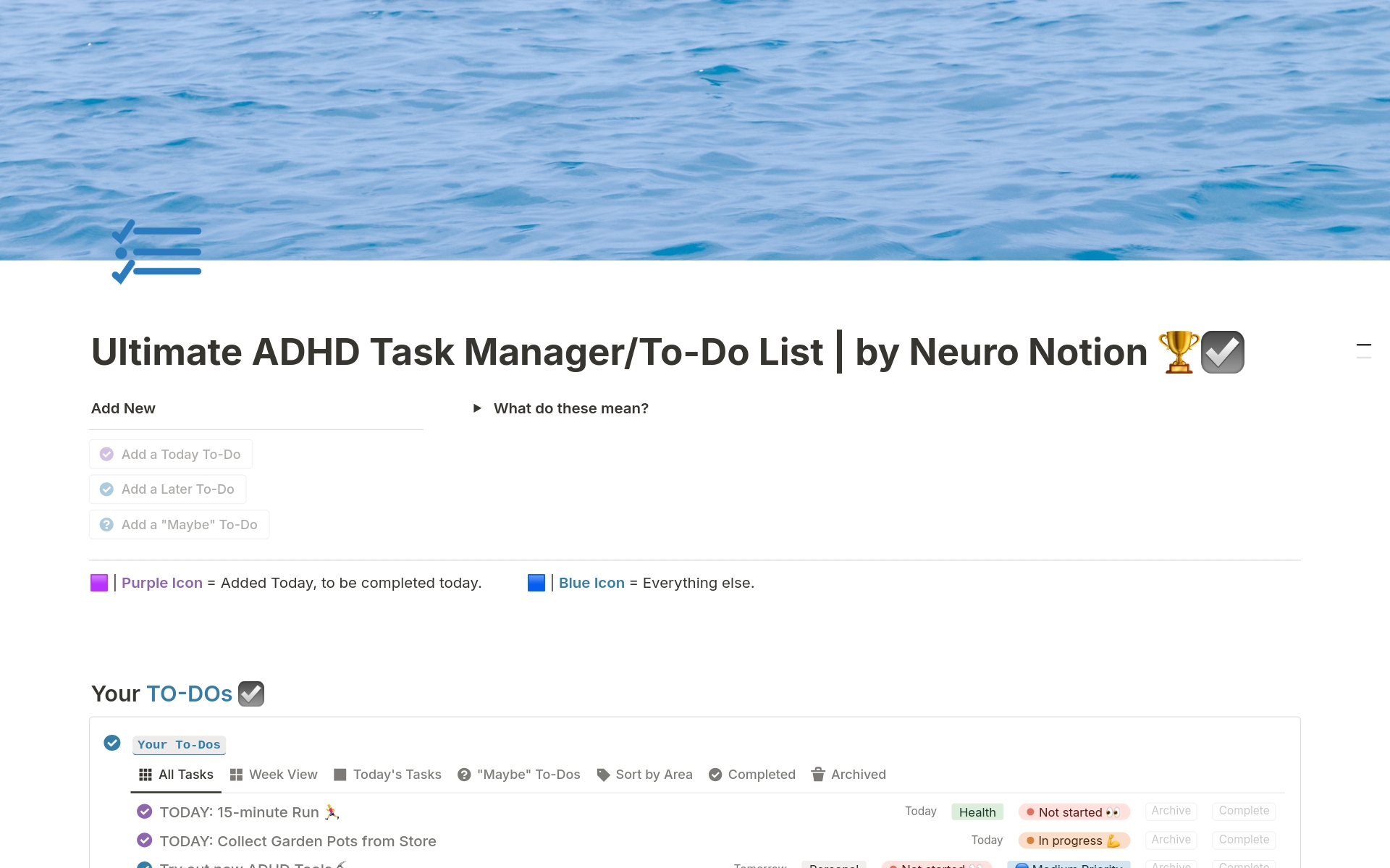 En förhandsgranskning av mallen för Ultimate ADHD Task Manager/To-Do List 🏆☑️