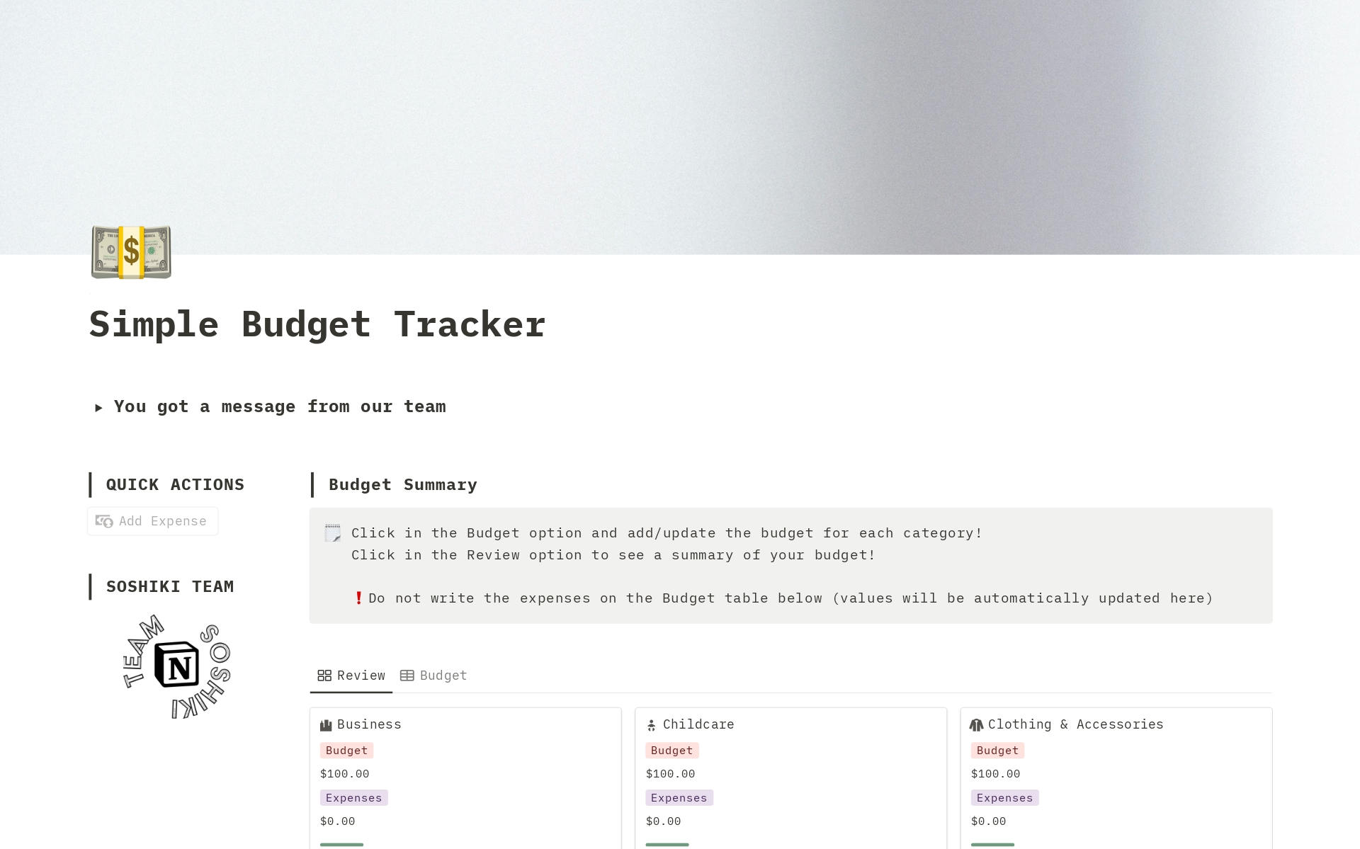Looking for a quick budget tracking tool? The Soshiki team has created the simplest budget tracker we could to help you keep track of you expenses and compare with your expected budget.