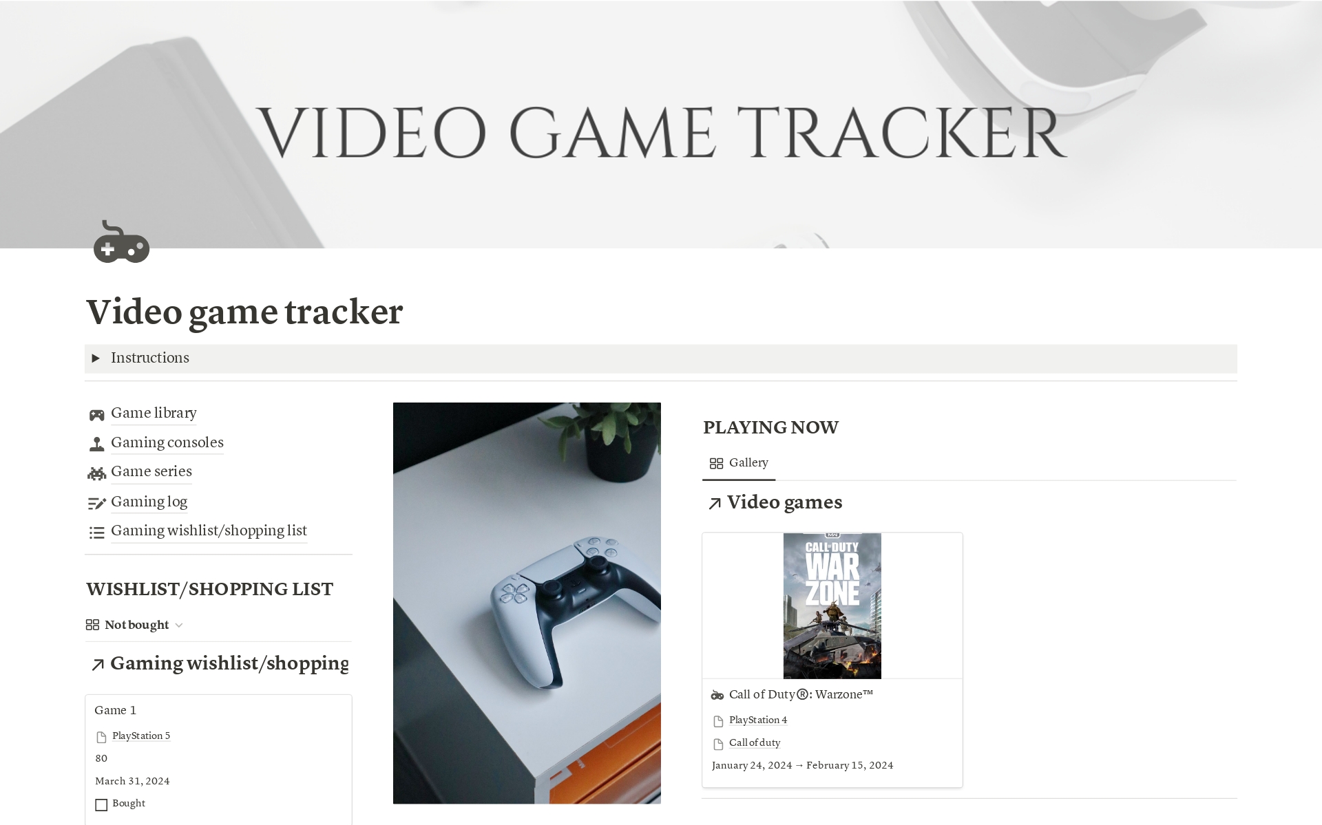 Vista previa de plantilla para Video game tracker