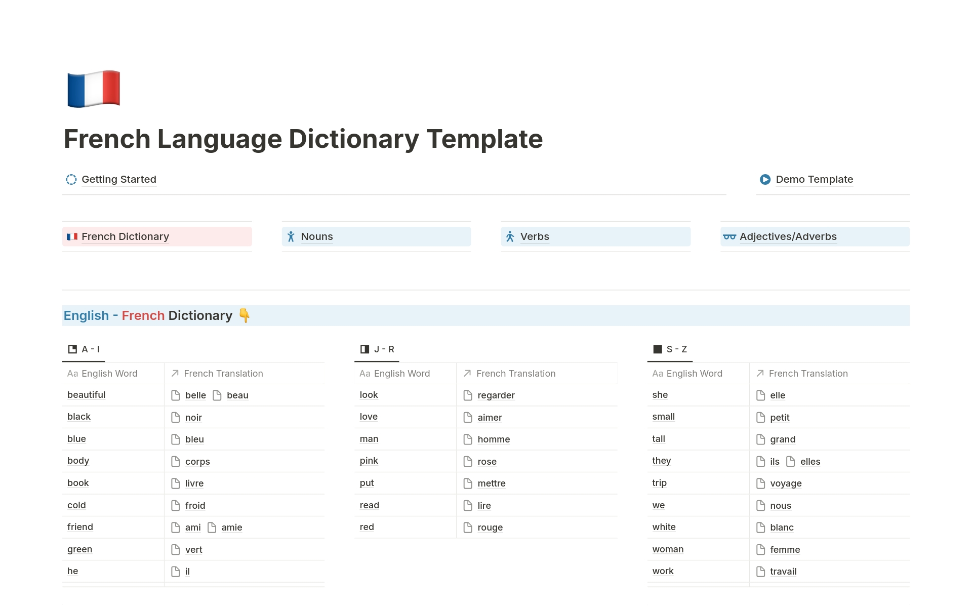 En förhandsgranskning av mallen för Mastering French: Comprehensive Dictionary