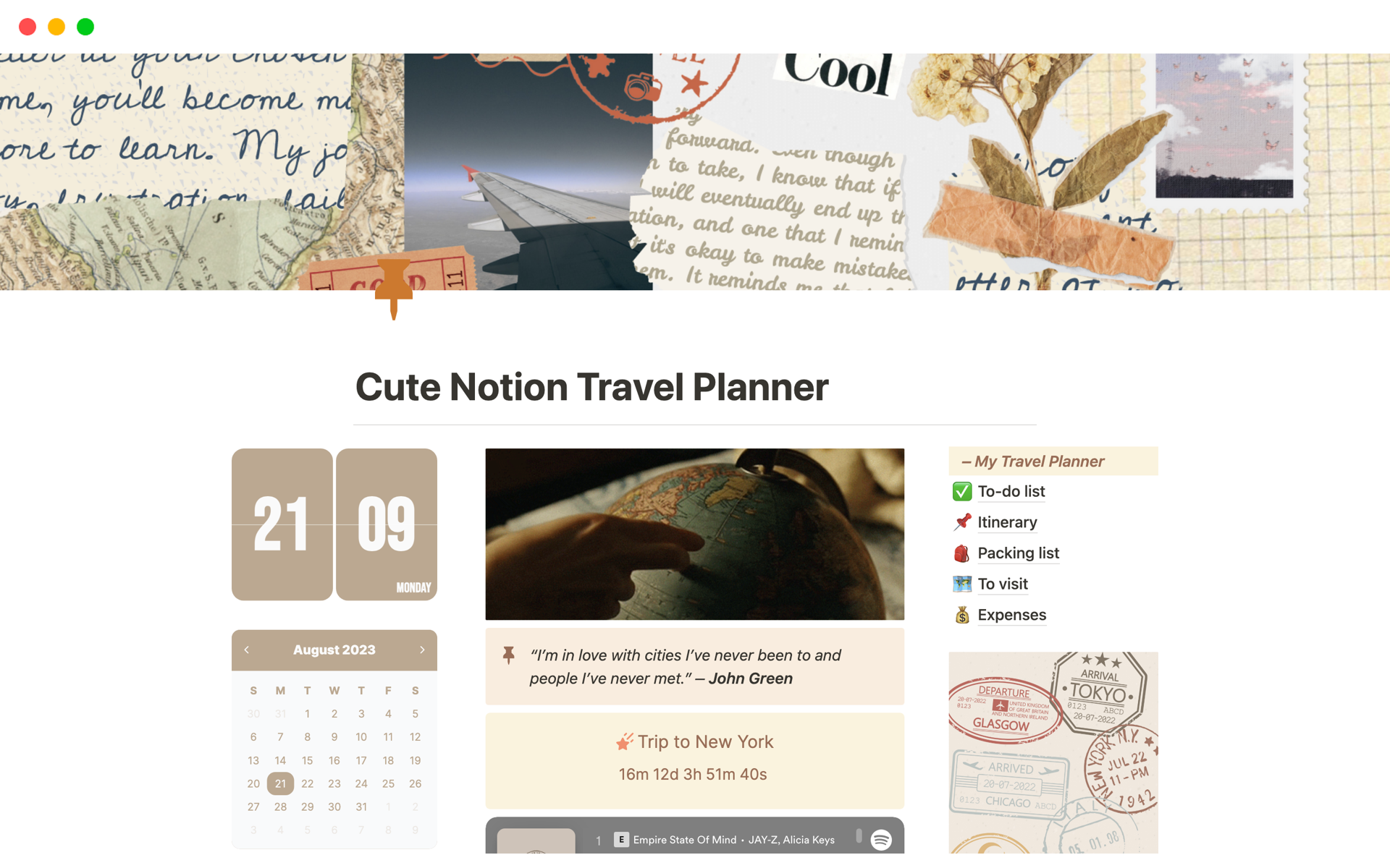 Cute Notion Travel Plannerのテンプレートのプレビュー