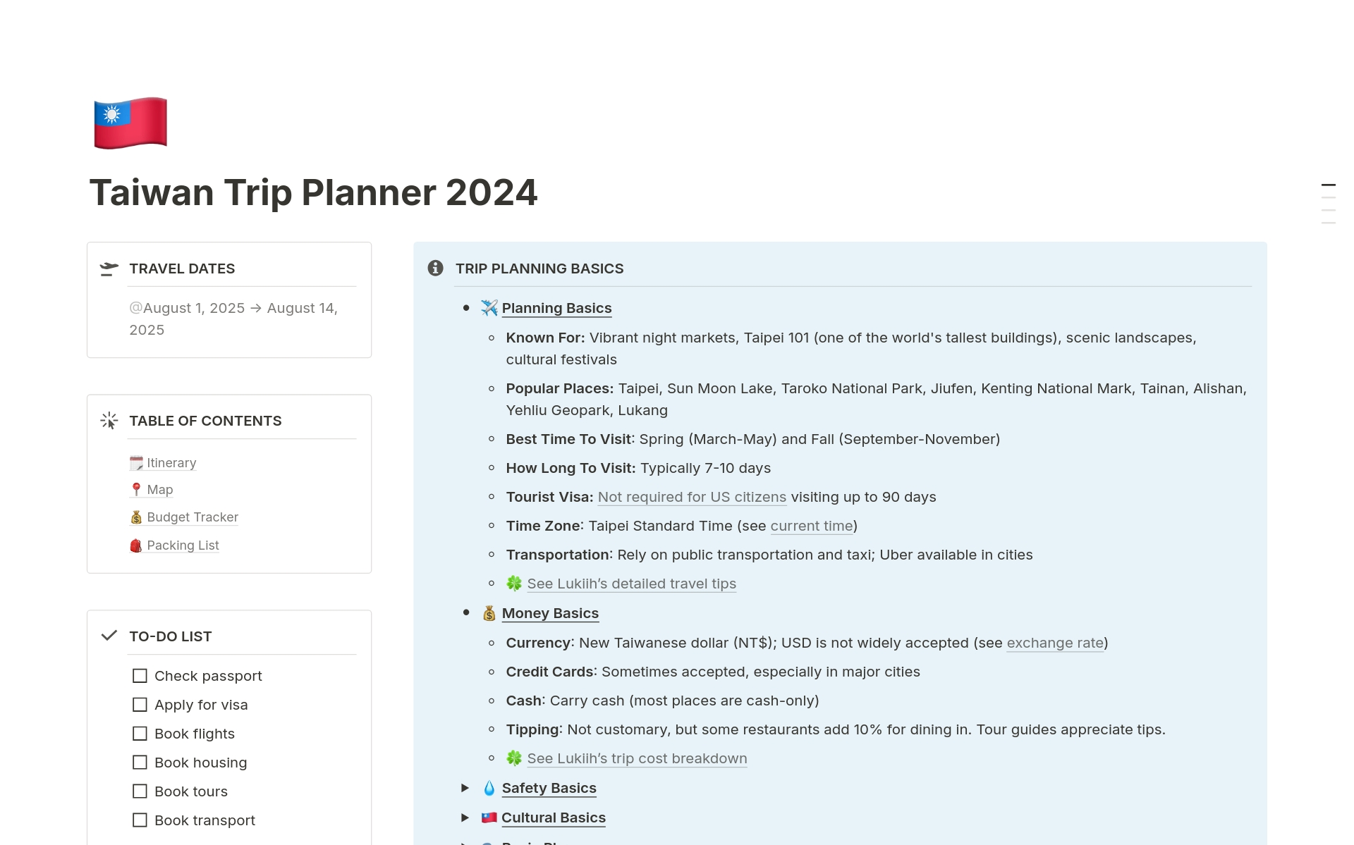 Taiwan Itinerary Planner Template Notion Marketplace