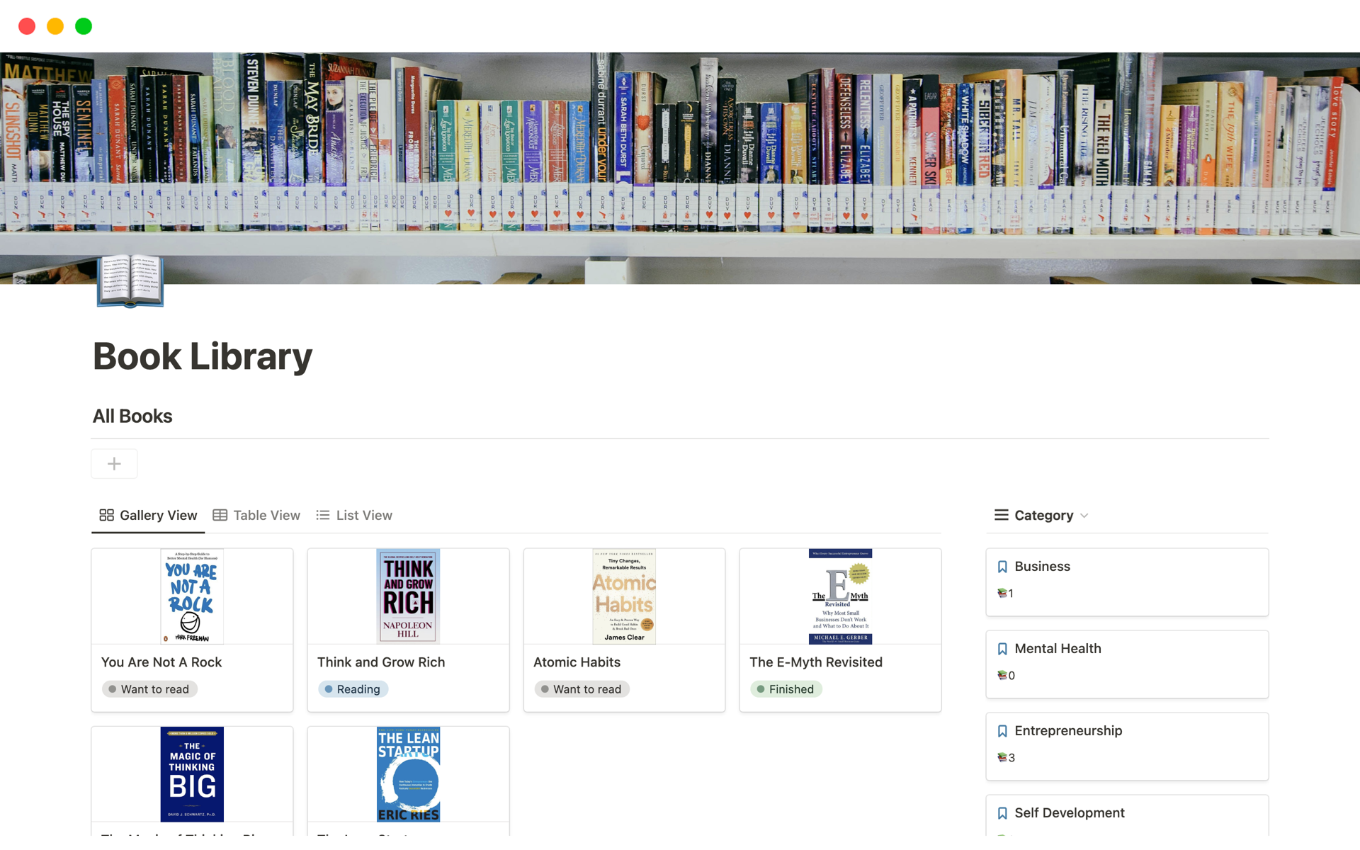 This Notion book library template is a tool for cataloging your book collection, monitoring reading status, and categorizing books for easy access.