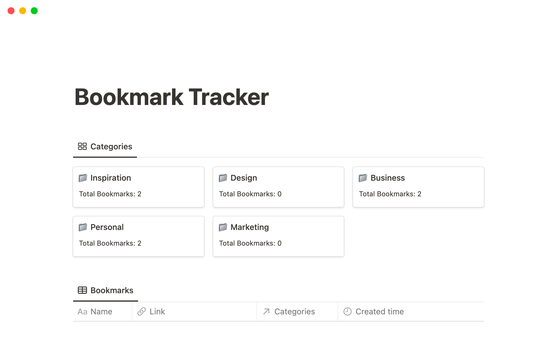Uma prévia do modelo para Bookmark Tracker