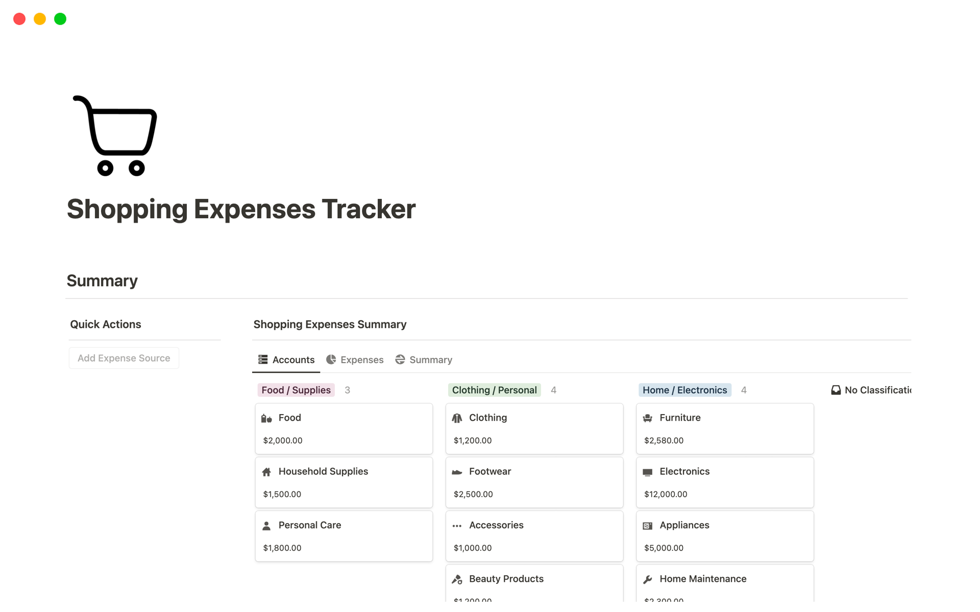 En förhandsgranskning av mallen för Shopping Expenses Tracker