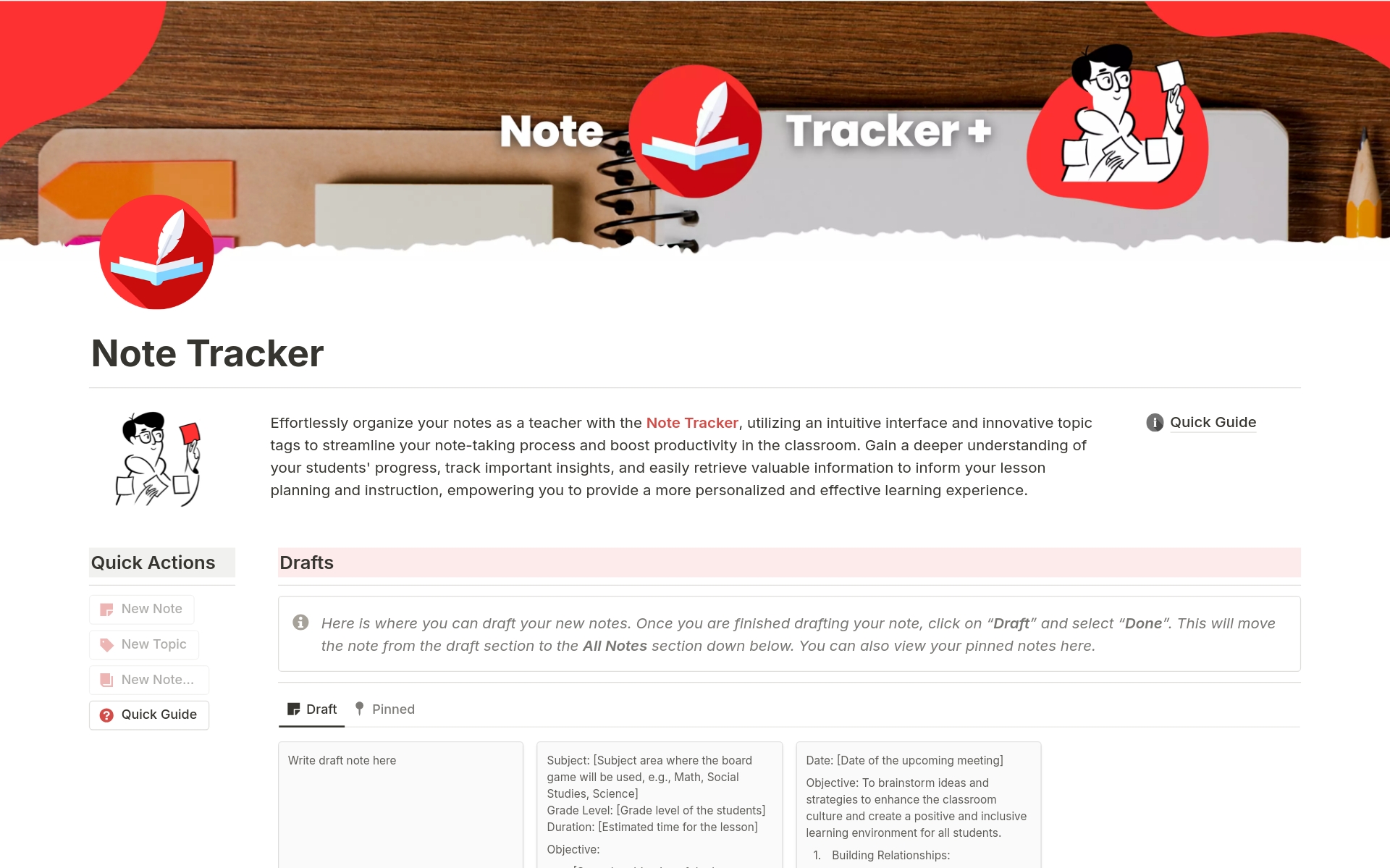 En förhandsgranskning av mallen för Note Tracker for Teachers
