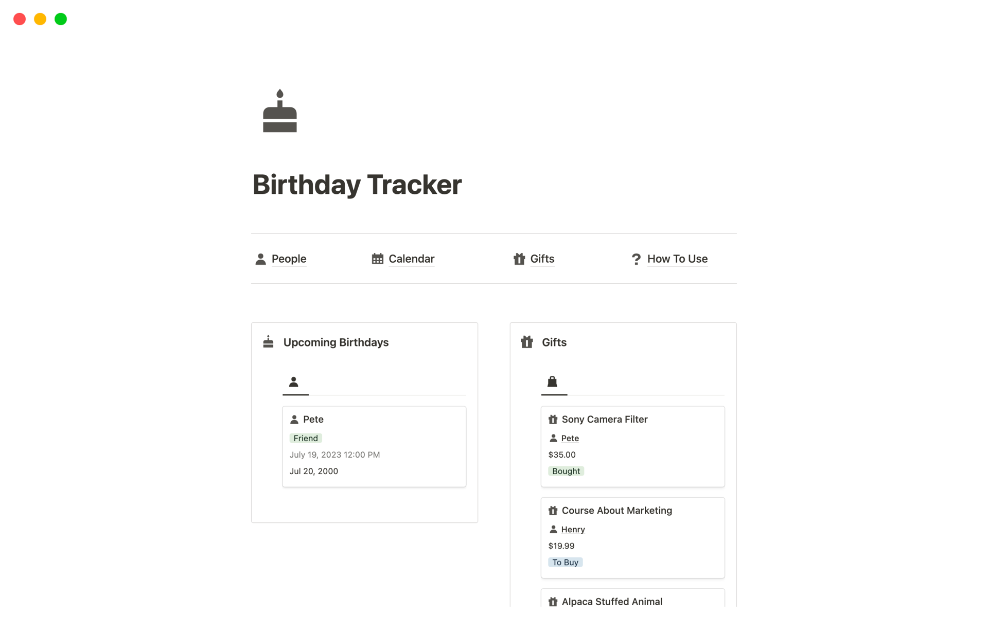 En förhandsgranskning av mallen för Birthday Tracker | Track Dates and Plan Gifts
