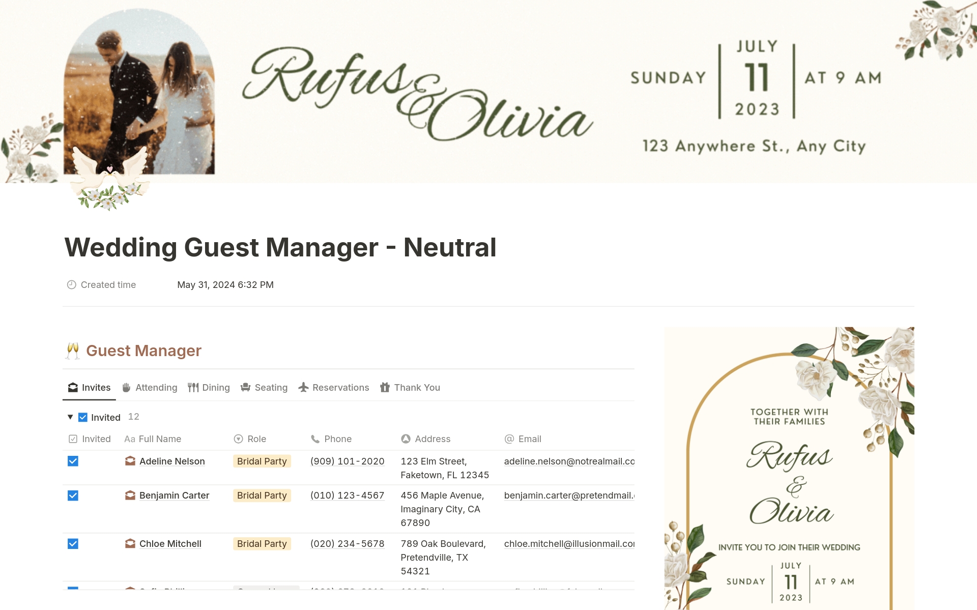 Our guest list planner is your perfect partner for wedding preparations, offering a stylish and easy-to-use guest information manager and wedding guest RSVP coordinator. It includes an attendance tracker, contact manager, and comprehensive RSVP log.