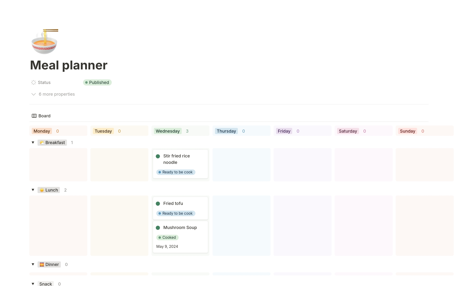 A meal planner with space for planning three meals a day for a week. There is also a space for storing recipes and recording what you have in your pantry and fridge. All the things you need for meal planning in one place.