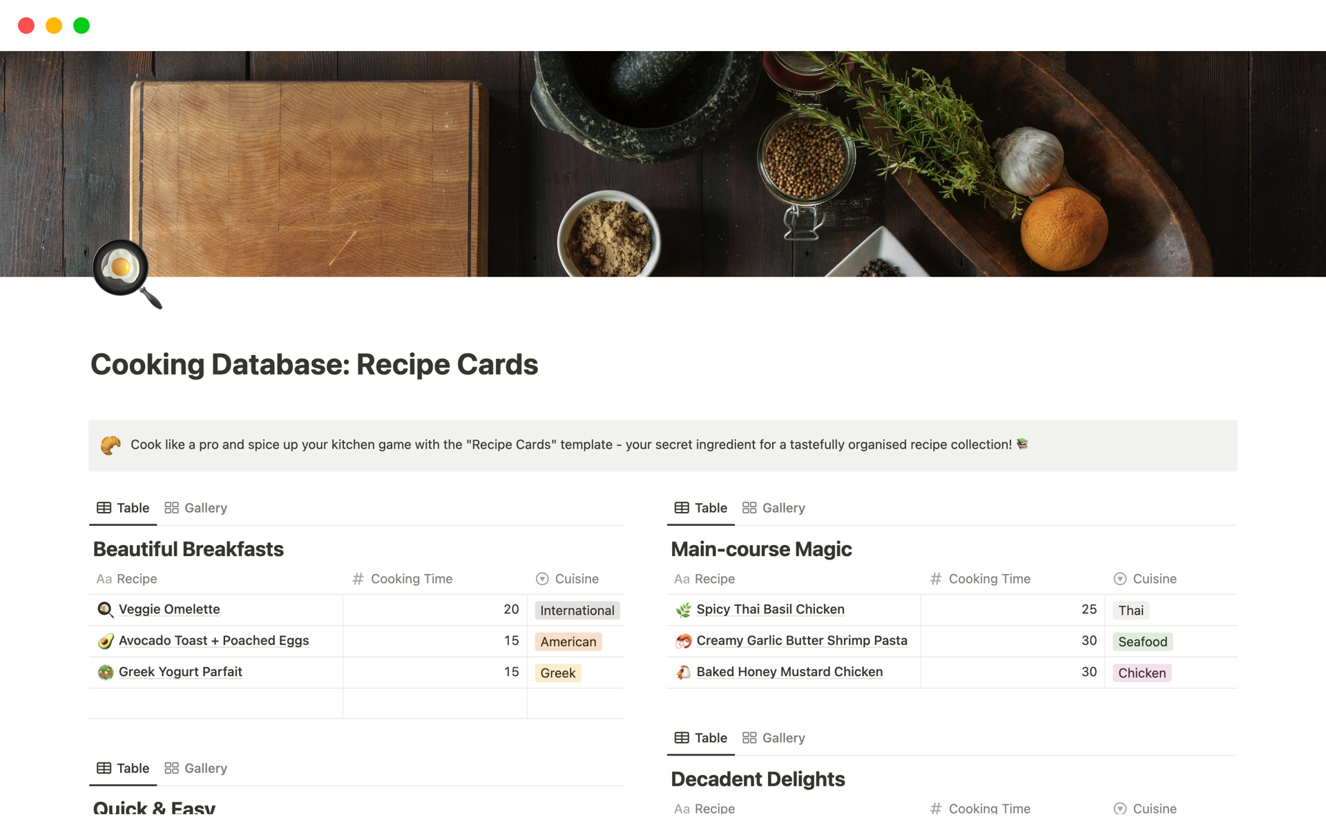 En forhåndsvisning av mal for Cooking Database: Recipe Cards
