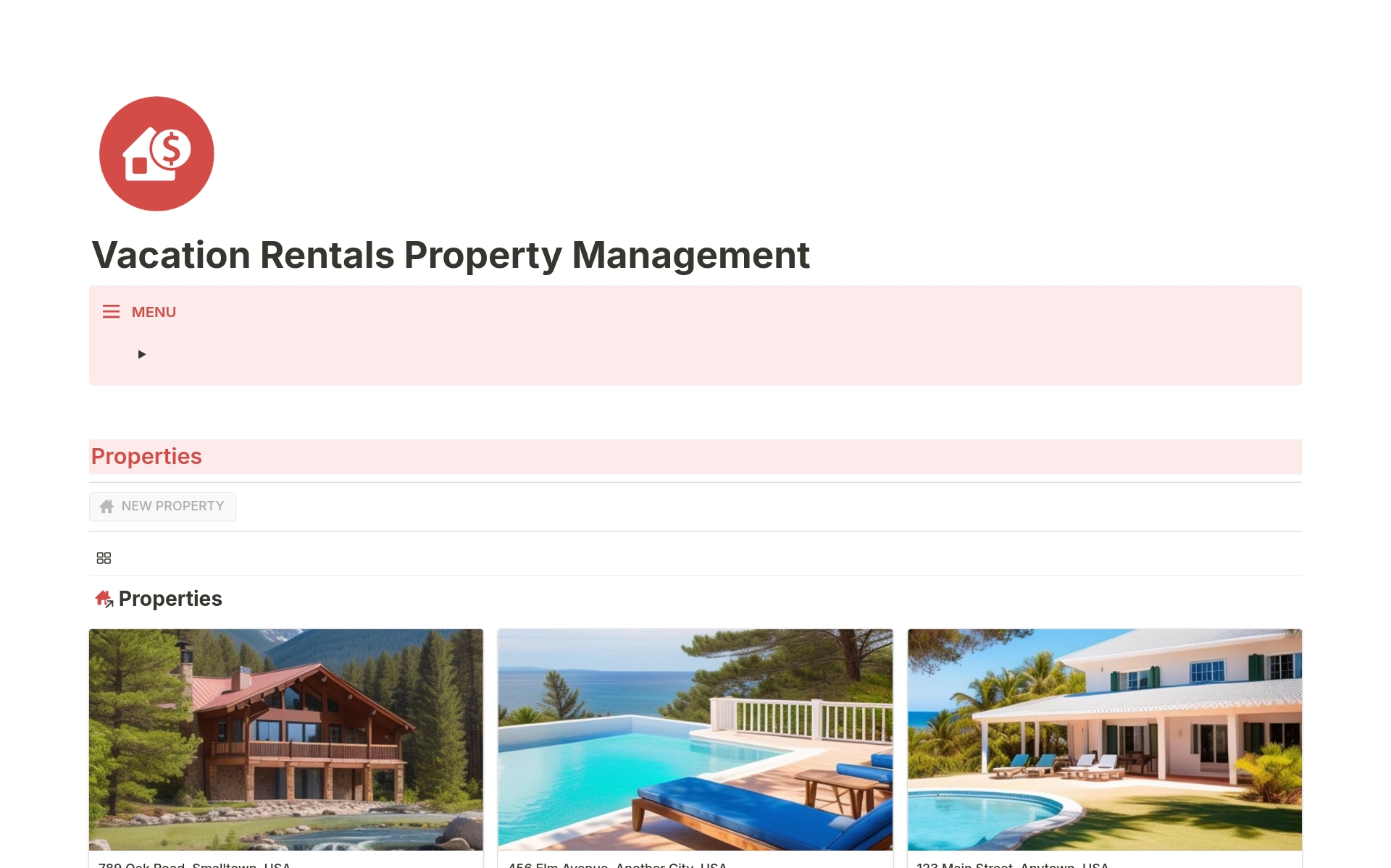 En förhandsgranskning av mallen för Airbnb & Vacation Rentals Property Management