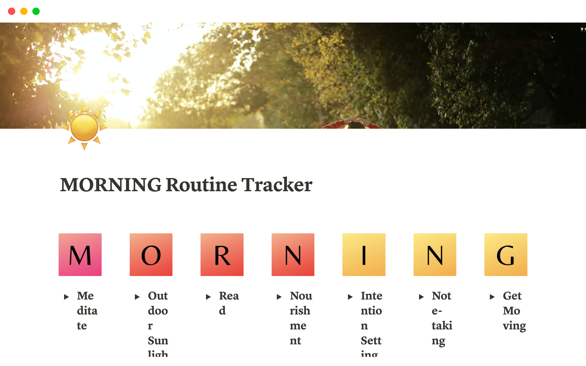 En förhandsgranskning av mallen för Notion Morning Routine Tracker