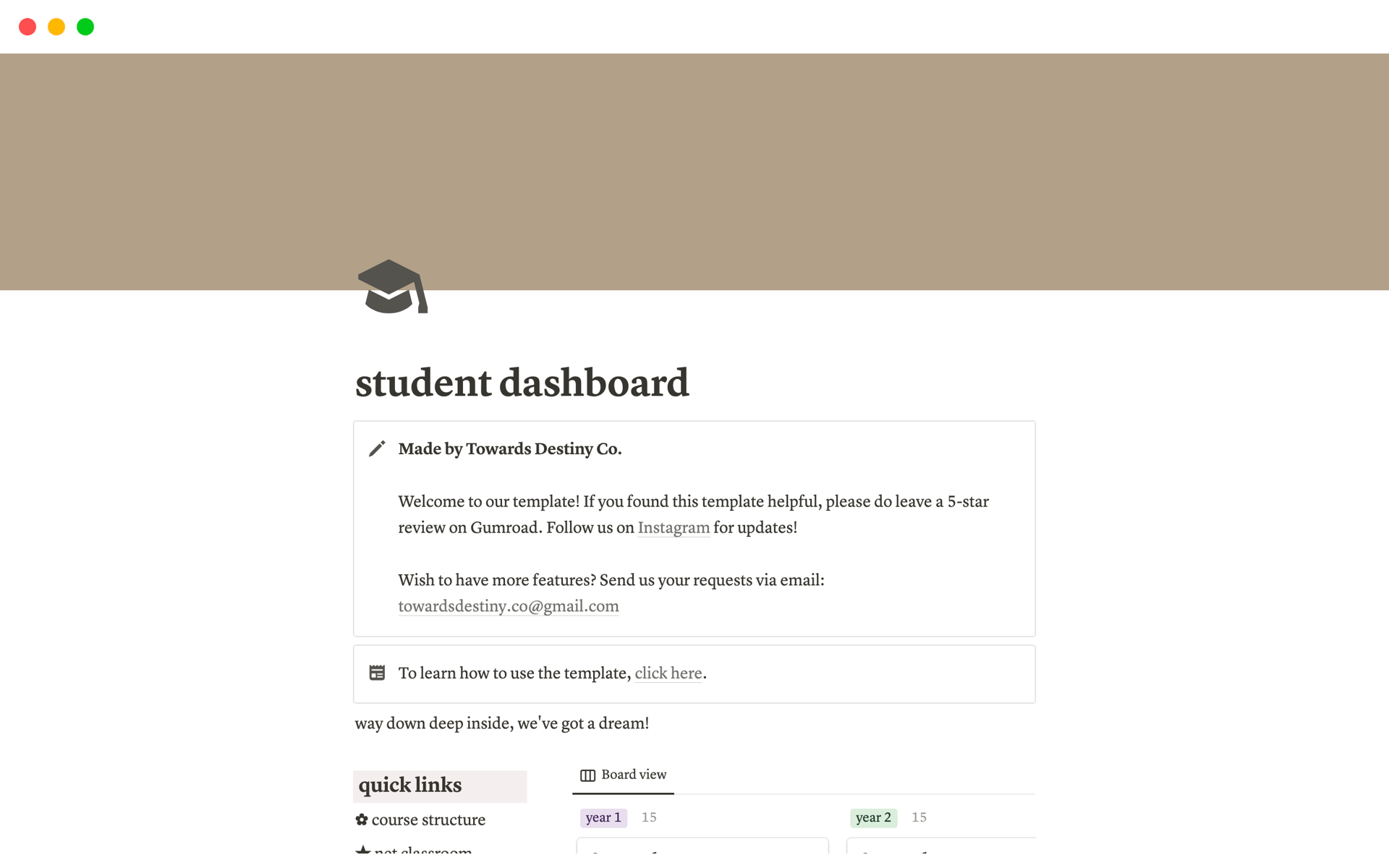 En forhåndsvisning av mal for student dashboard