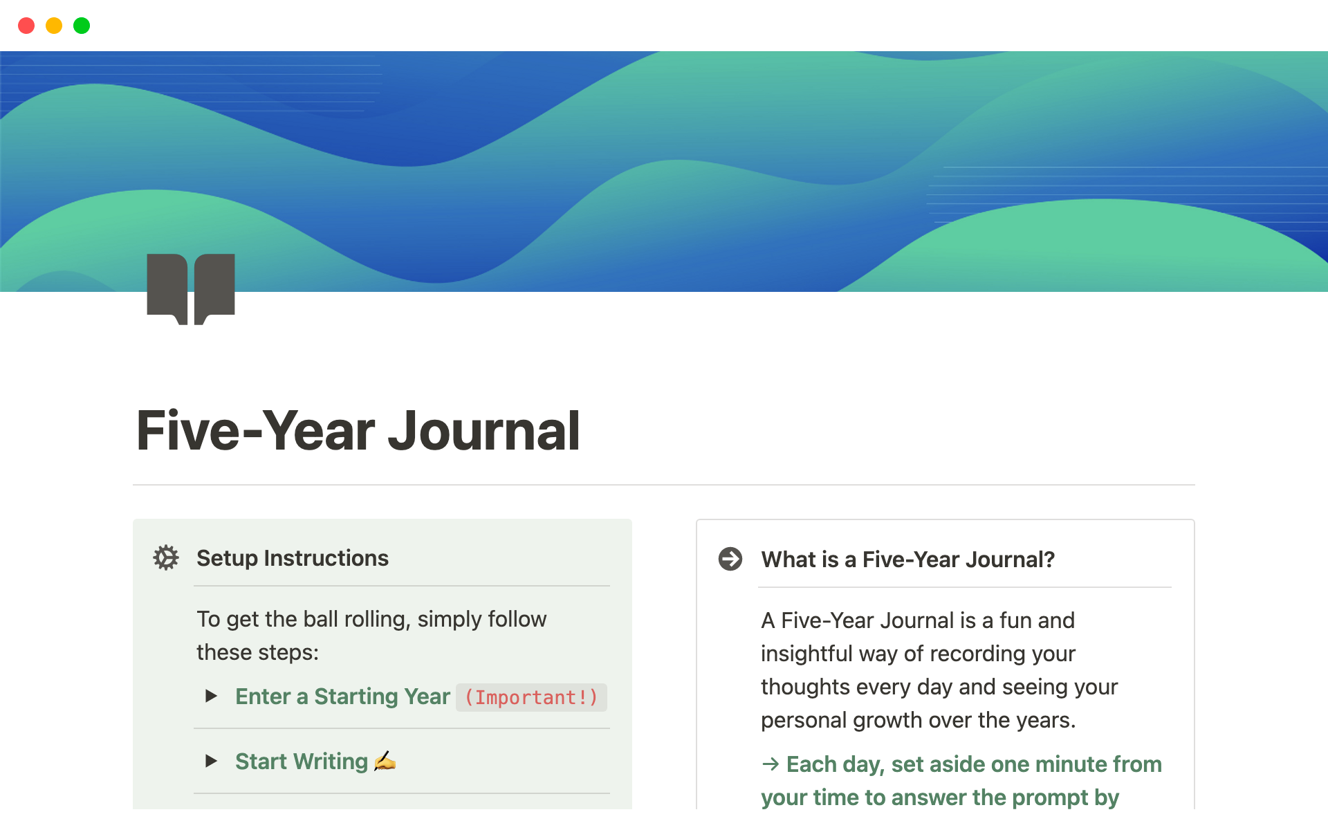 Vista previa de una plantilla para Five-Year Journal