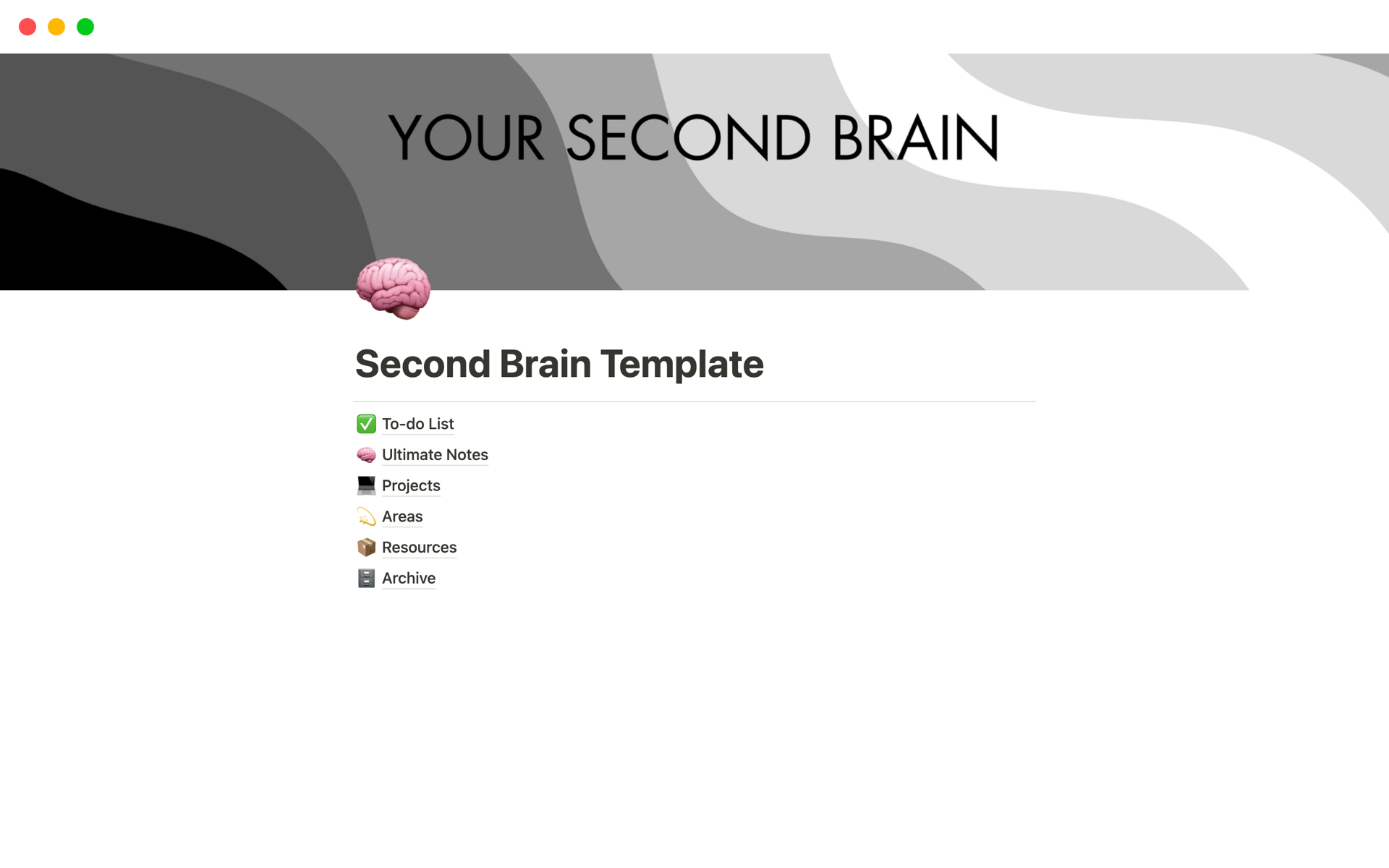A template preview for Second Brain