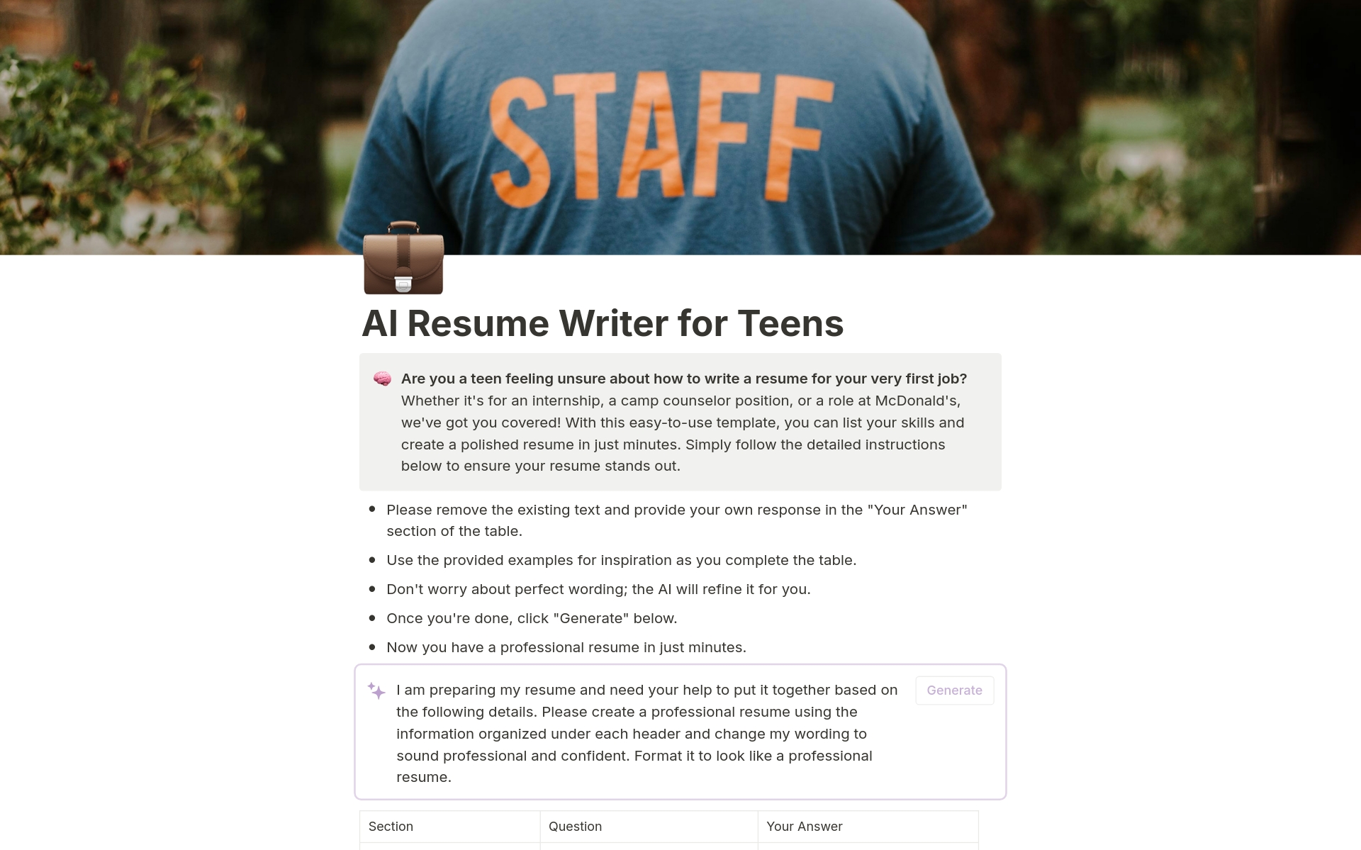 A template preview for AI Resume Writer for Teens