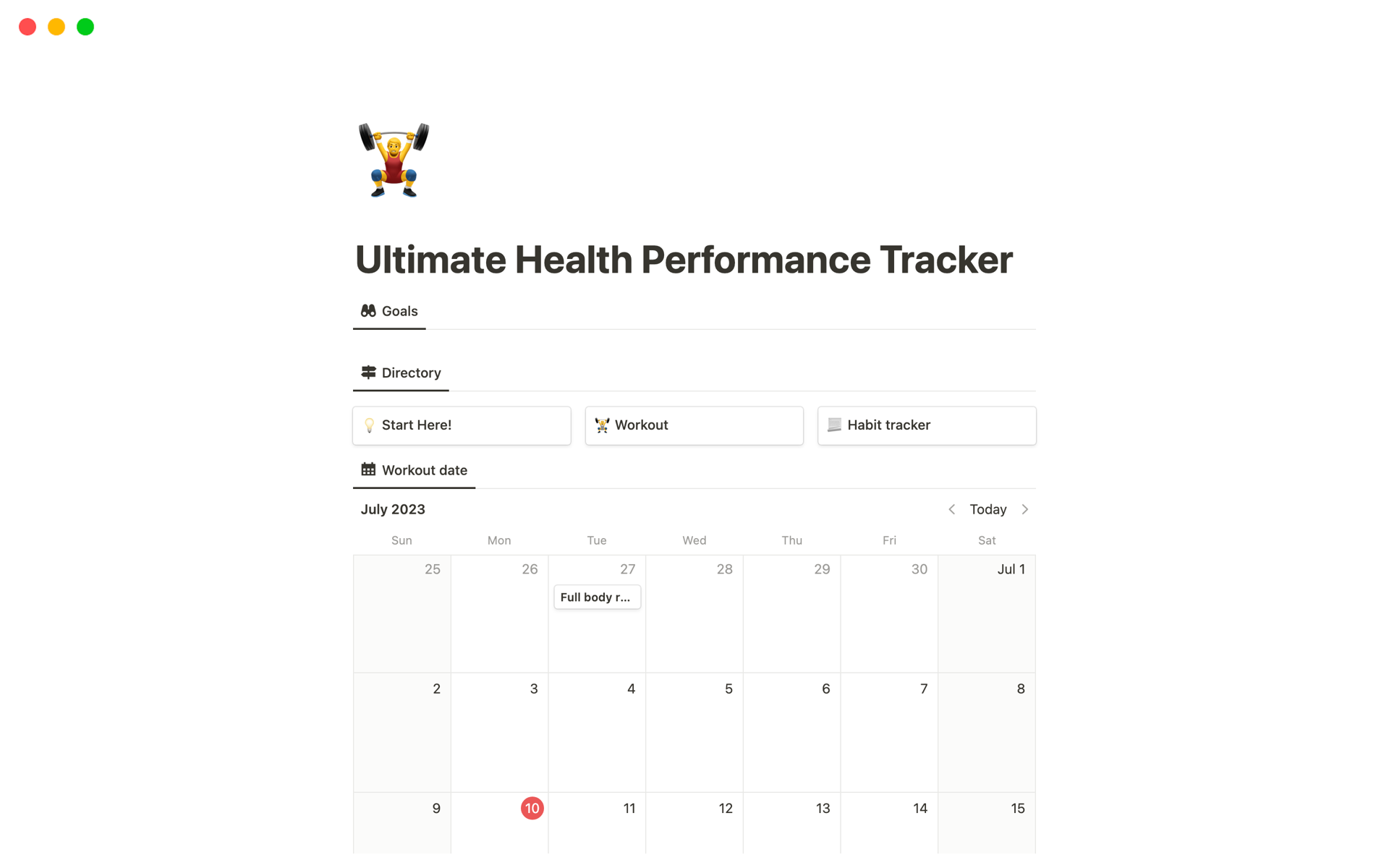 En förhandsgranskning av mallen för Ultimate Health Performance Tracker