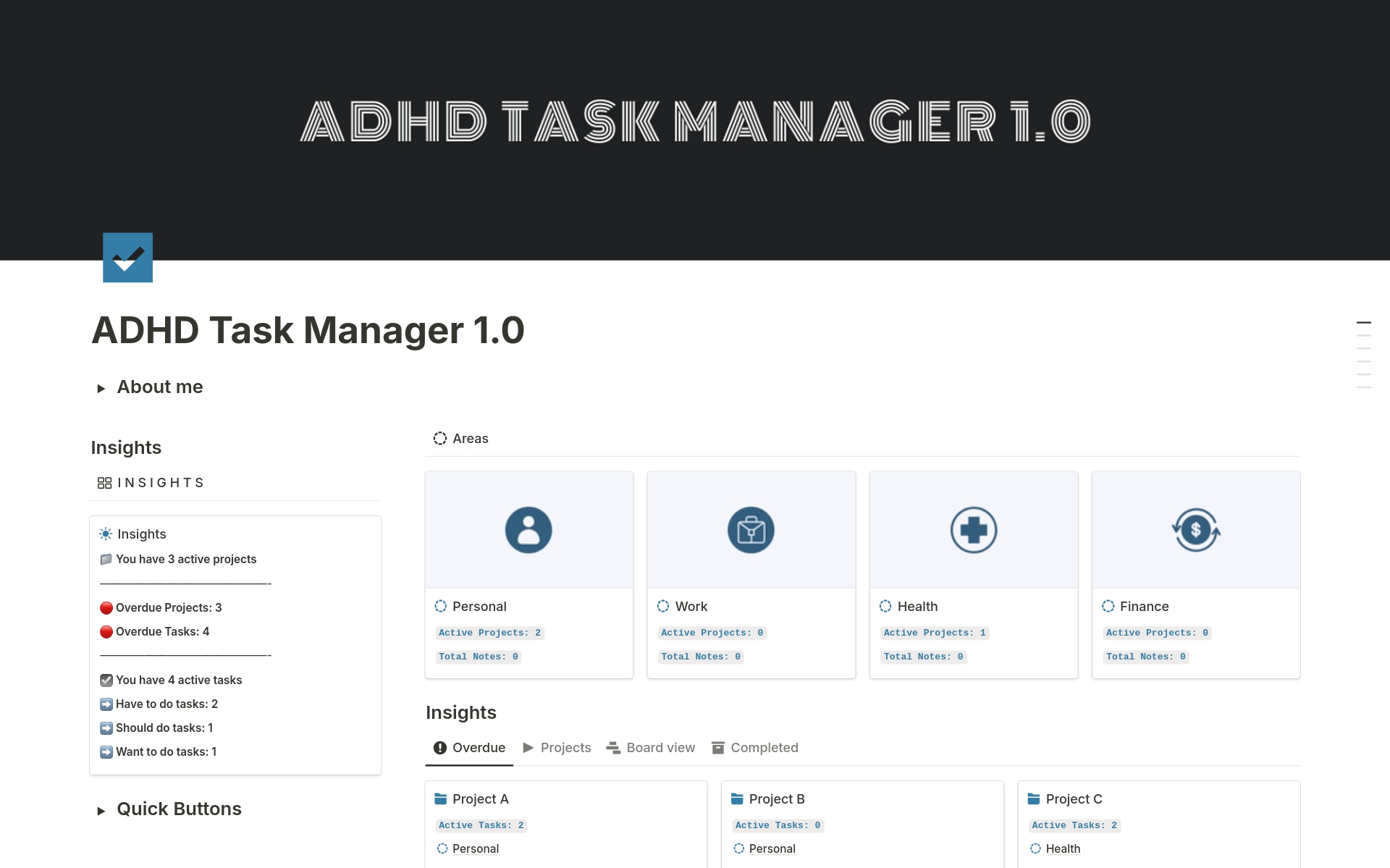Efficiently manage tasks with ADHD Task Manager in Notion. Categorize tasks by urgency, prioritize by duration, and track progress effortlessly. Now featuring Areas, Projects, and notes integration for a comprehensive approach to task management.
