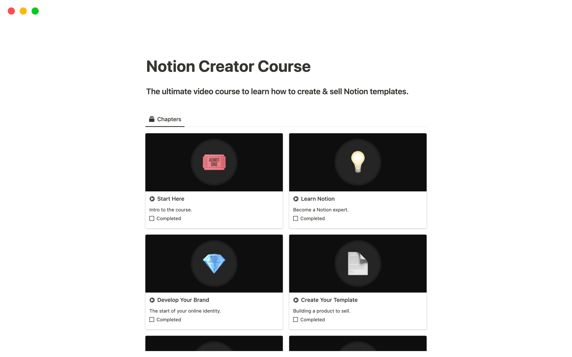 Vista previa de plantilla para Notion Creator Course