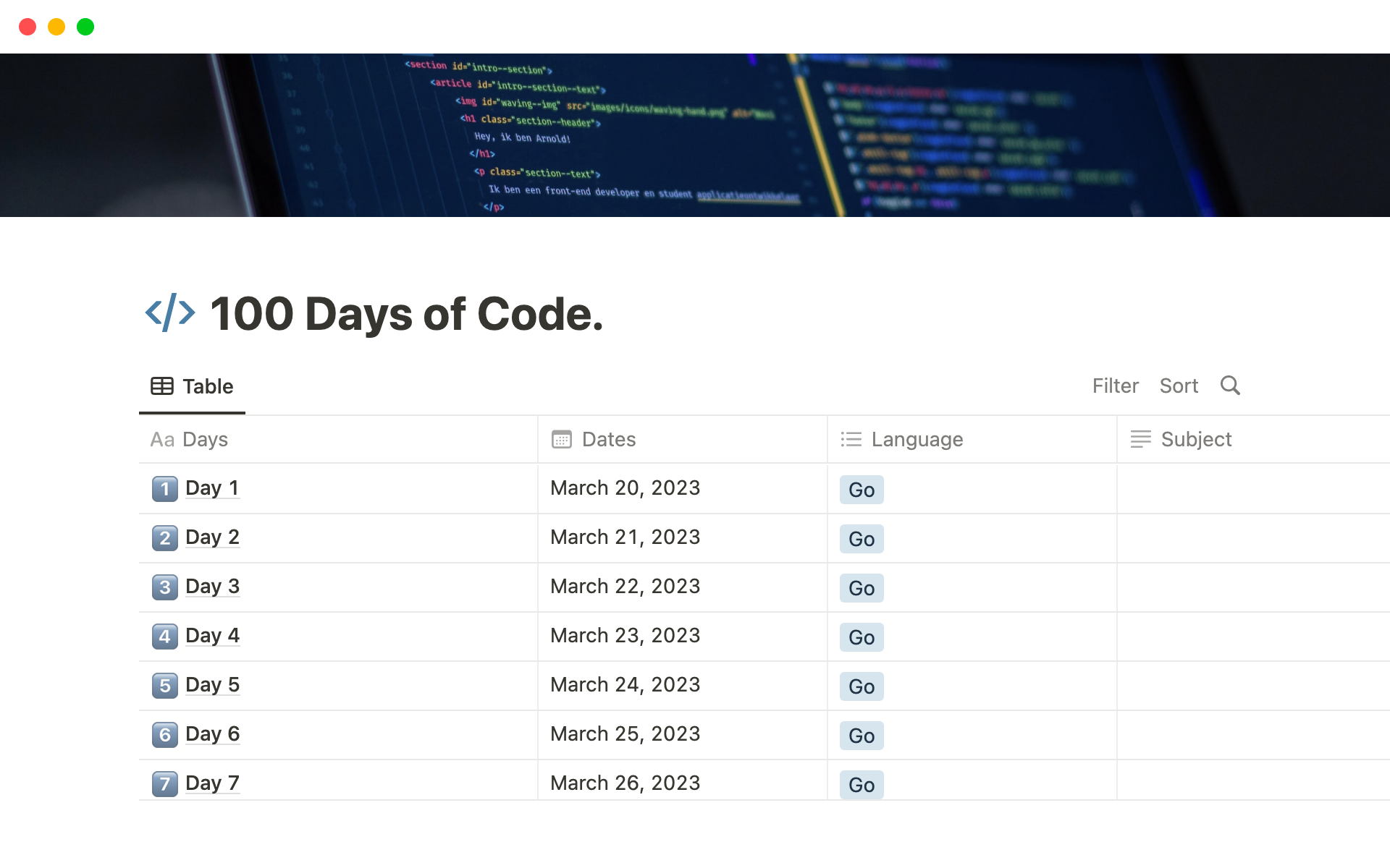Uma prévia do modelo para 100 Days of Code