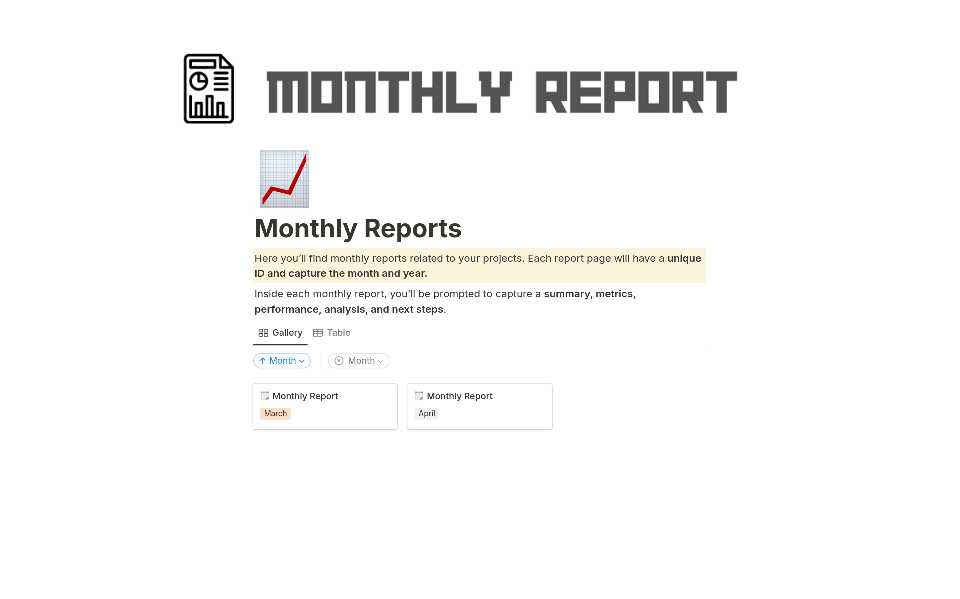 This Notion setup functions as a central hub for your monthly reports. It combines a database to store historical data with a customizable report page template.