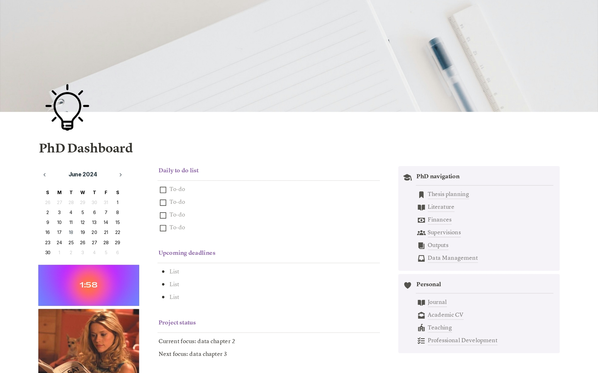 A template preview for the PhDiaries | aesthetic PhD dashboard