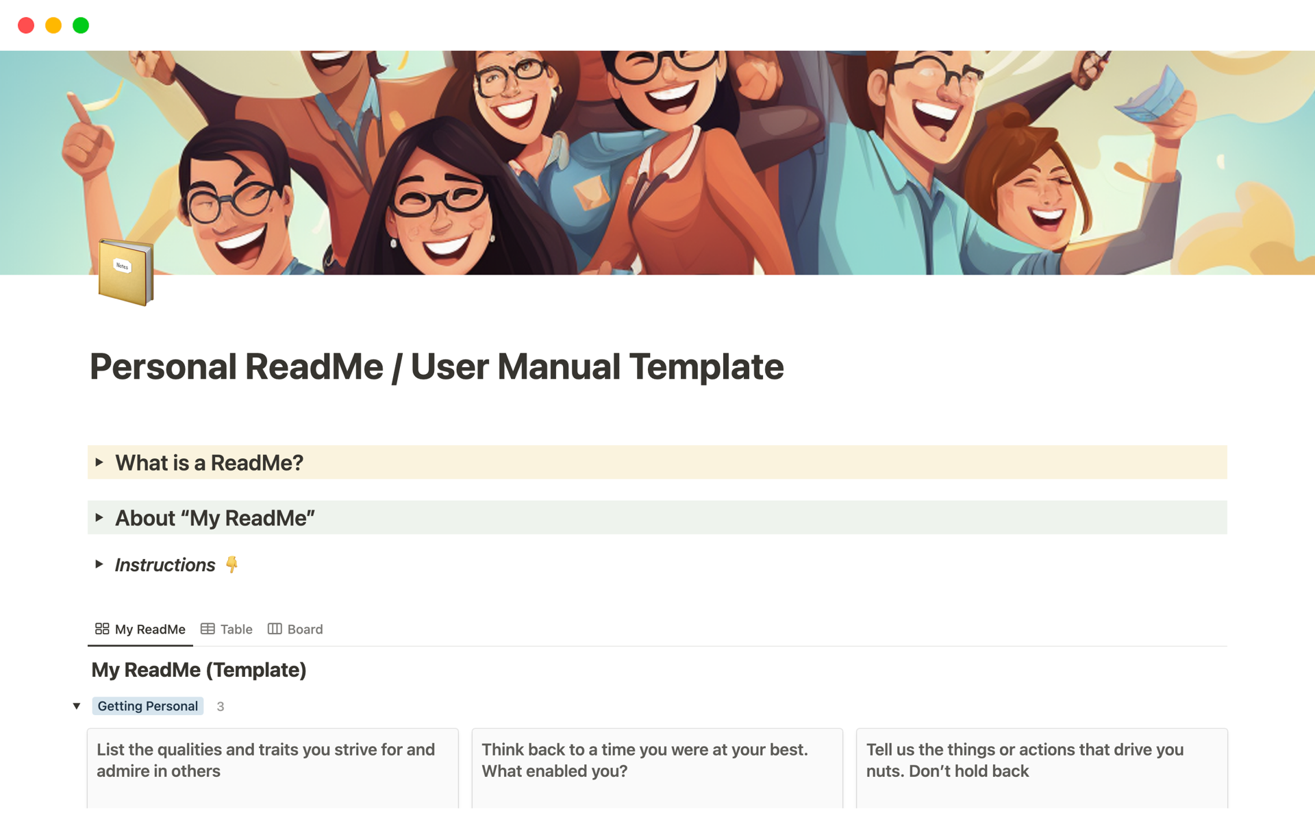 En förhandsgranskning av mallen för Personal ReadMe / User Manual