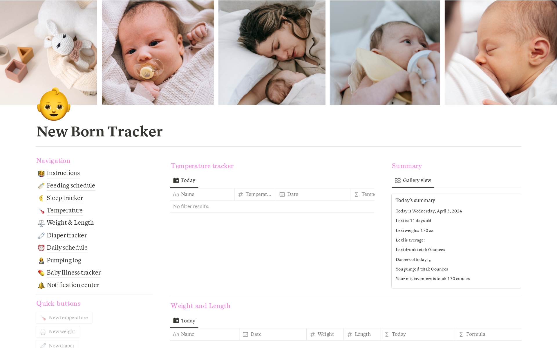 En forhåndsvisning av mal for Newborn Tracker & Baby Care Planner Girl