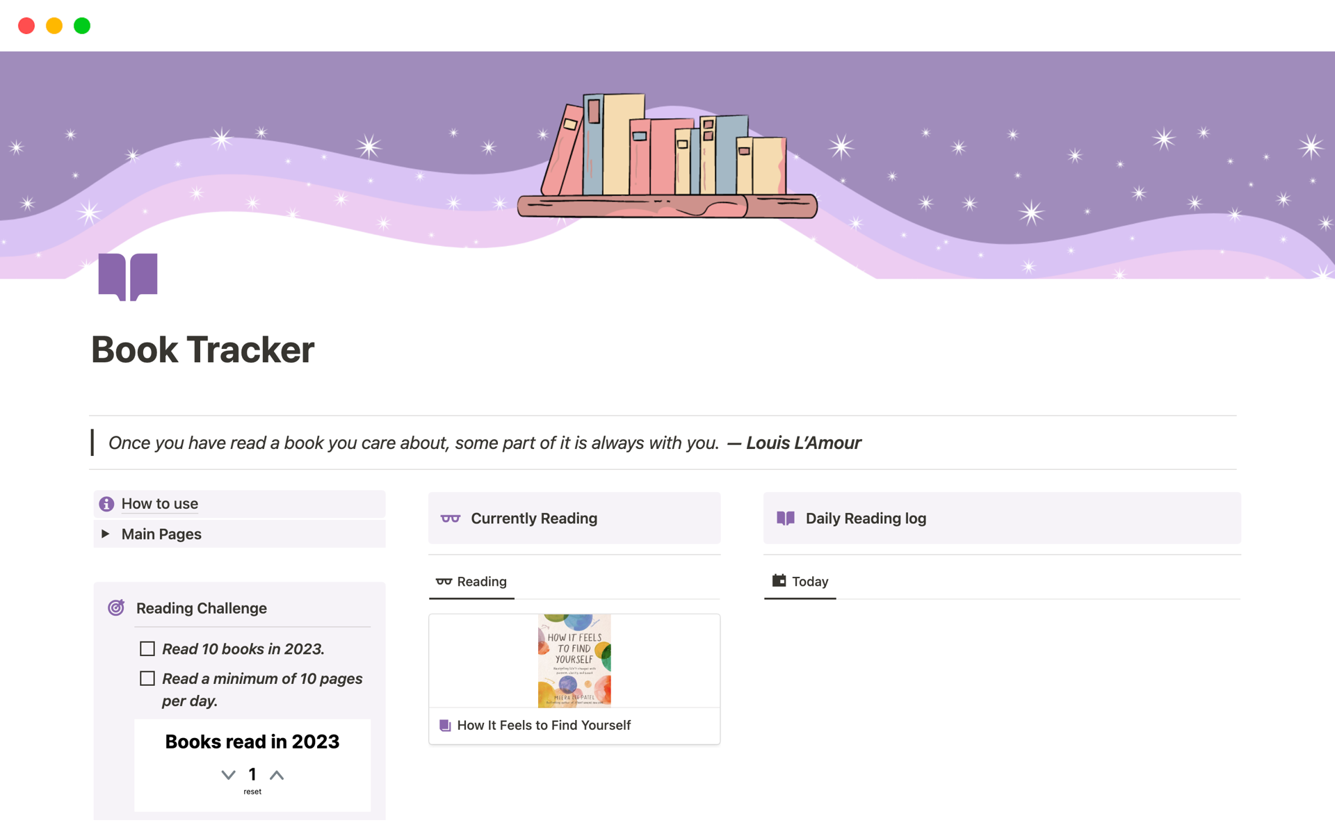 En forhåndsvisning av mal for Book Tracker - Reading list organizer