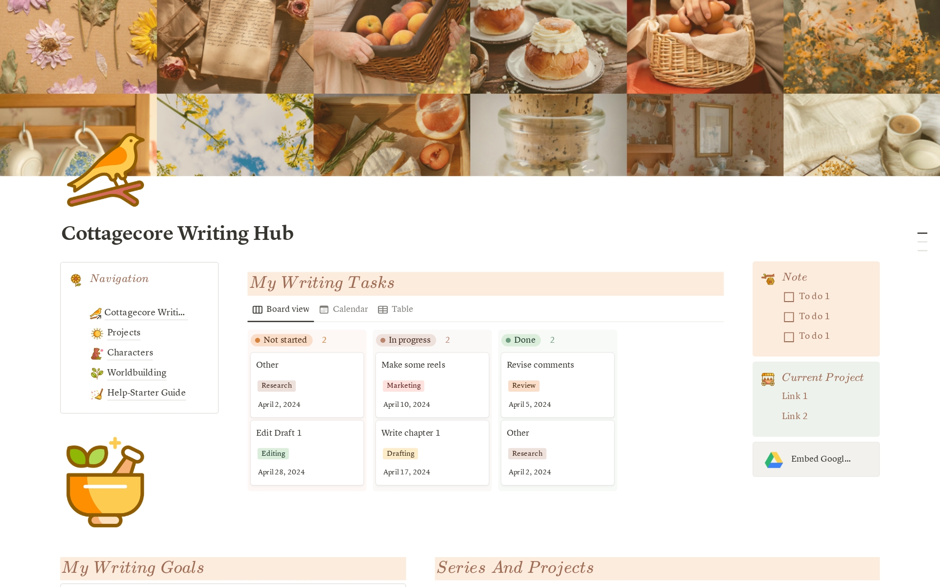 A template preview for The Writing Hub Cottagecore