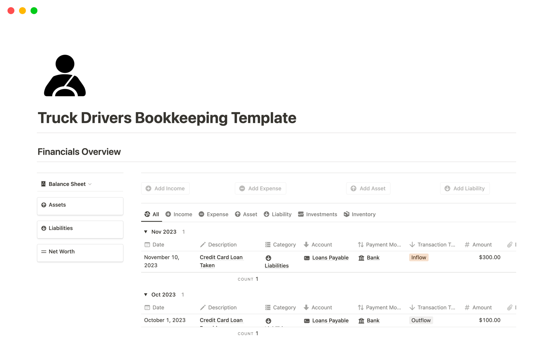 This bookkeeping template provides the best solution for truck owners to manage their business finances, produce income statement, balance sheet, cash flow statement and much more on a periodical basis. 