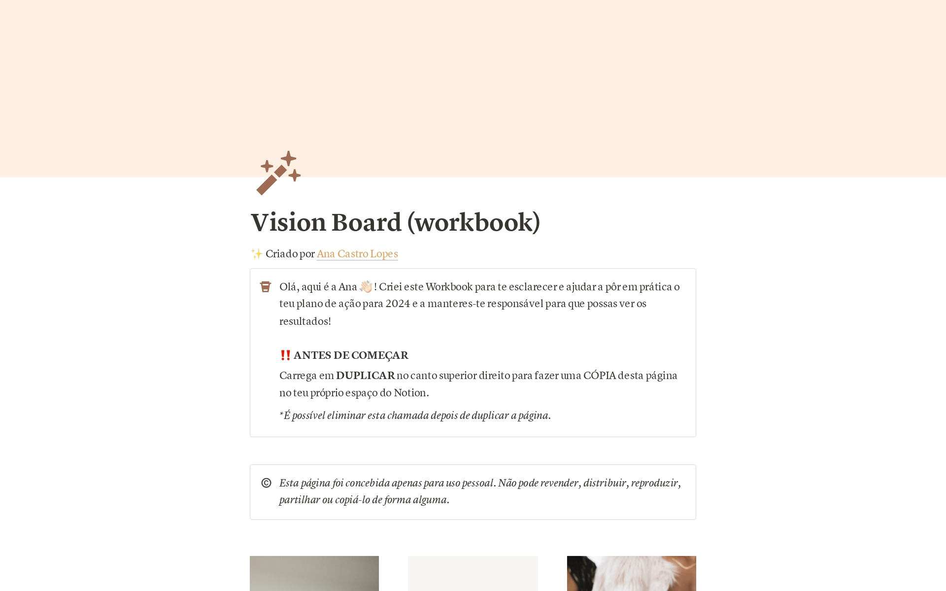 Uma prévia do modelo para Vision Board (workbook)