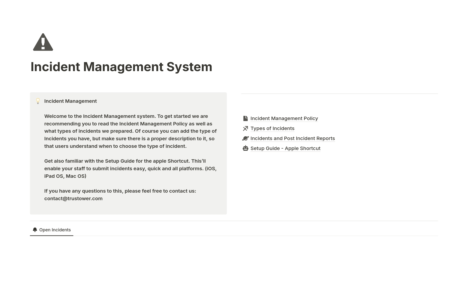 En förhandsgranskning av mallen för Incident Management - with Apple Shortcut