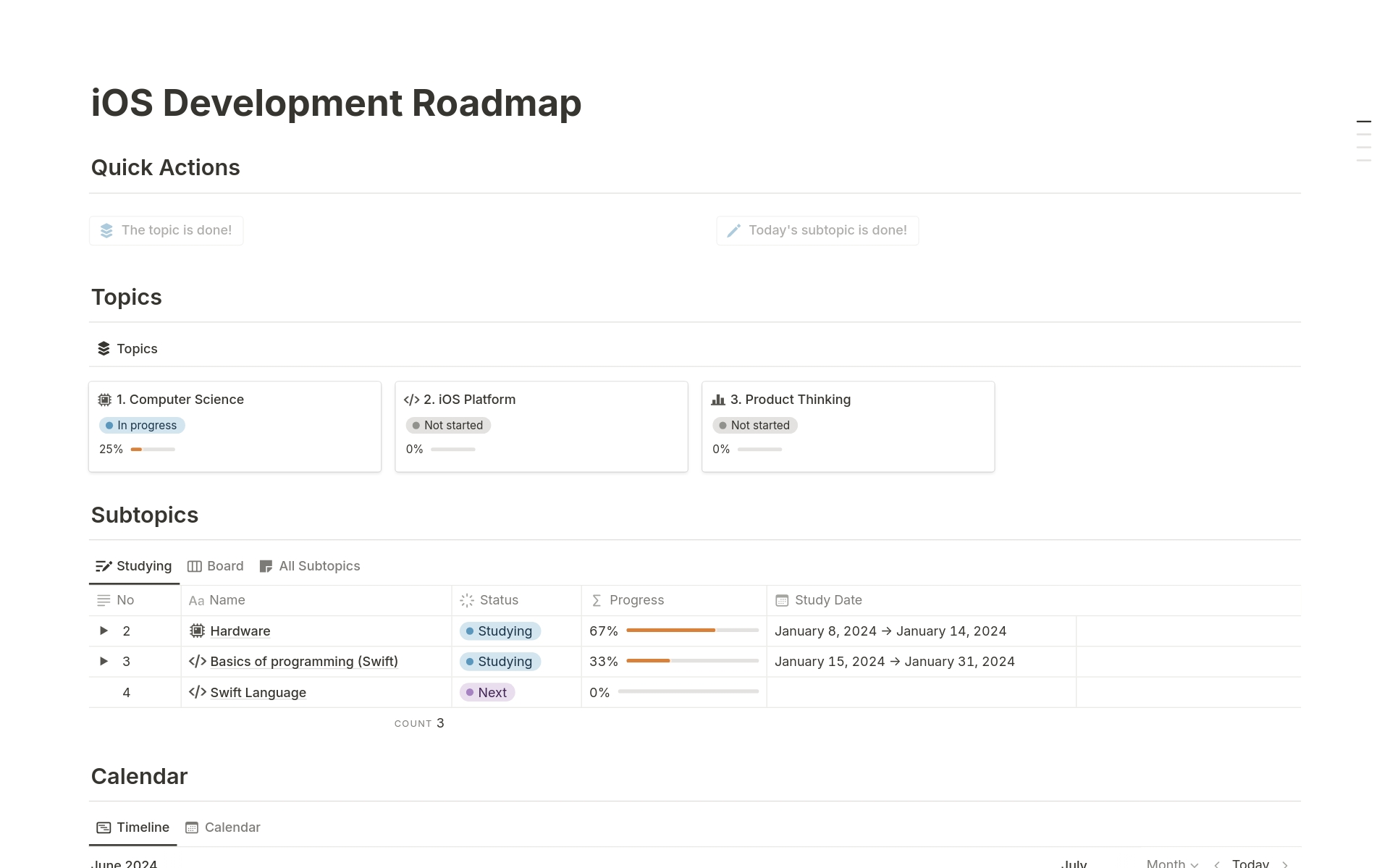 The iOS Development Roadmap lays out the path to mastery, 39 essential steps to transform you from code cadet to app artisan.

Conquer computer science, the iOS platform, and product thinking - this roadmap is your guide to shipping remarkable apps.