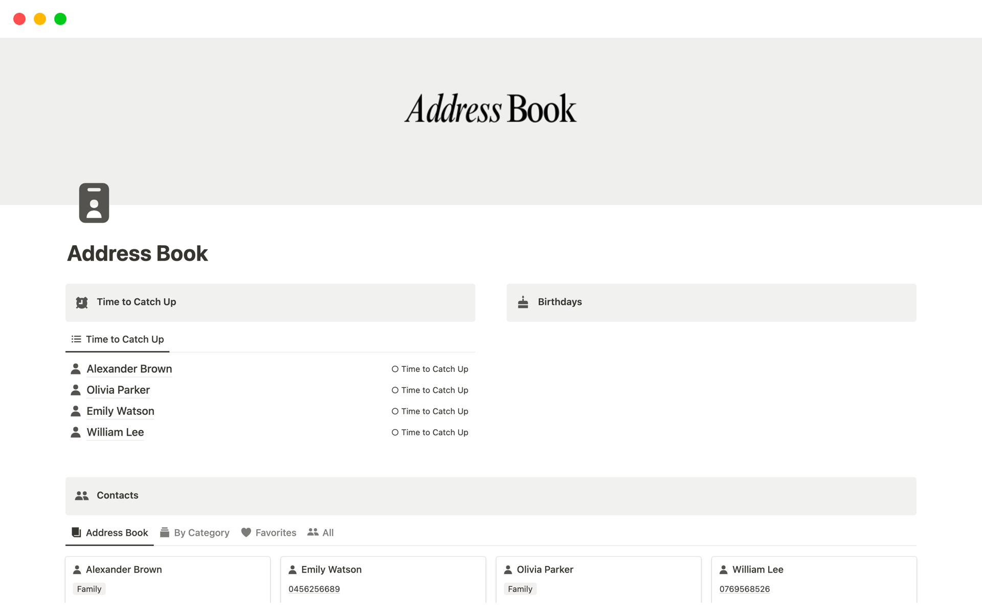 En förhandsgranskning av mallen för Address Book & Contacts List