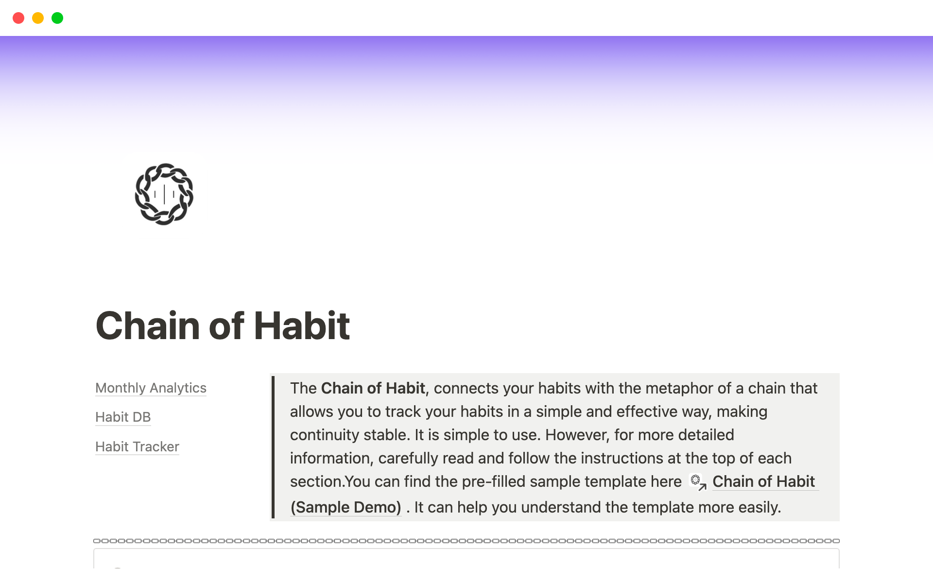 En förhandsgranskning av mallen för Chain of Habit: Forge a Lasting Transformation with the Ultimate Habit Tracking Notion Template