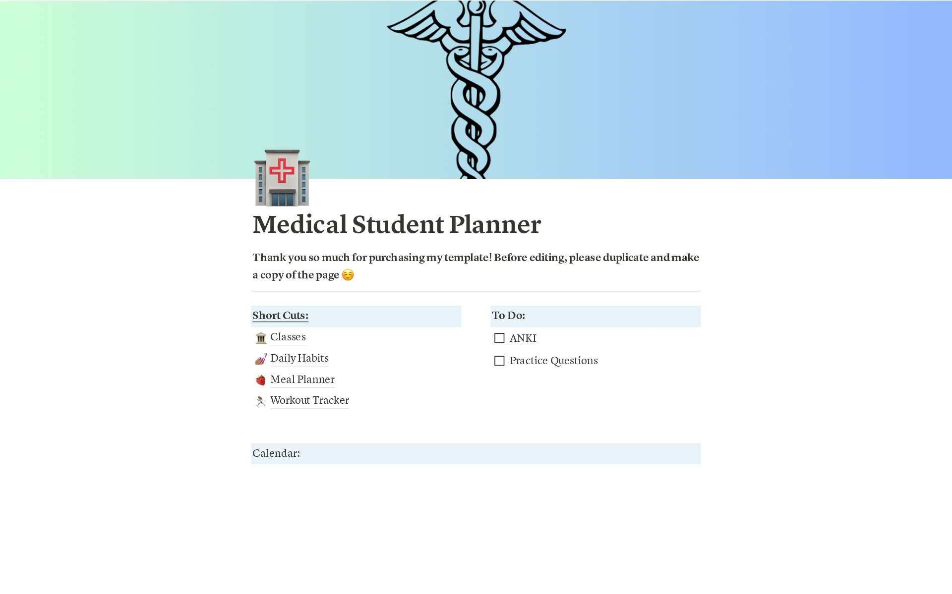 En forhåndsvisning av mal for Medical Student Planner