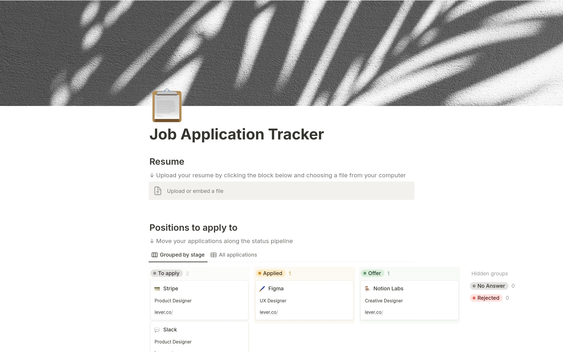 En forhåndsvisning av mal for Job Application Tracker (w/ Notion AI)
