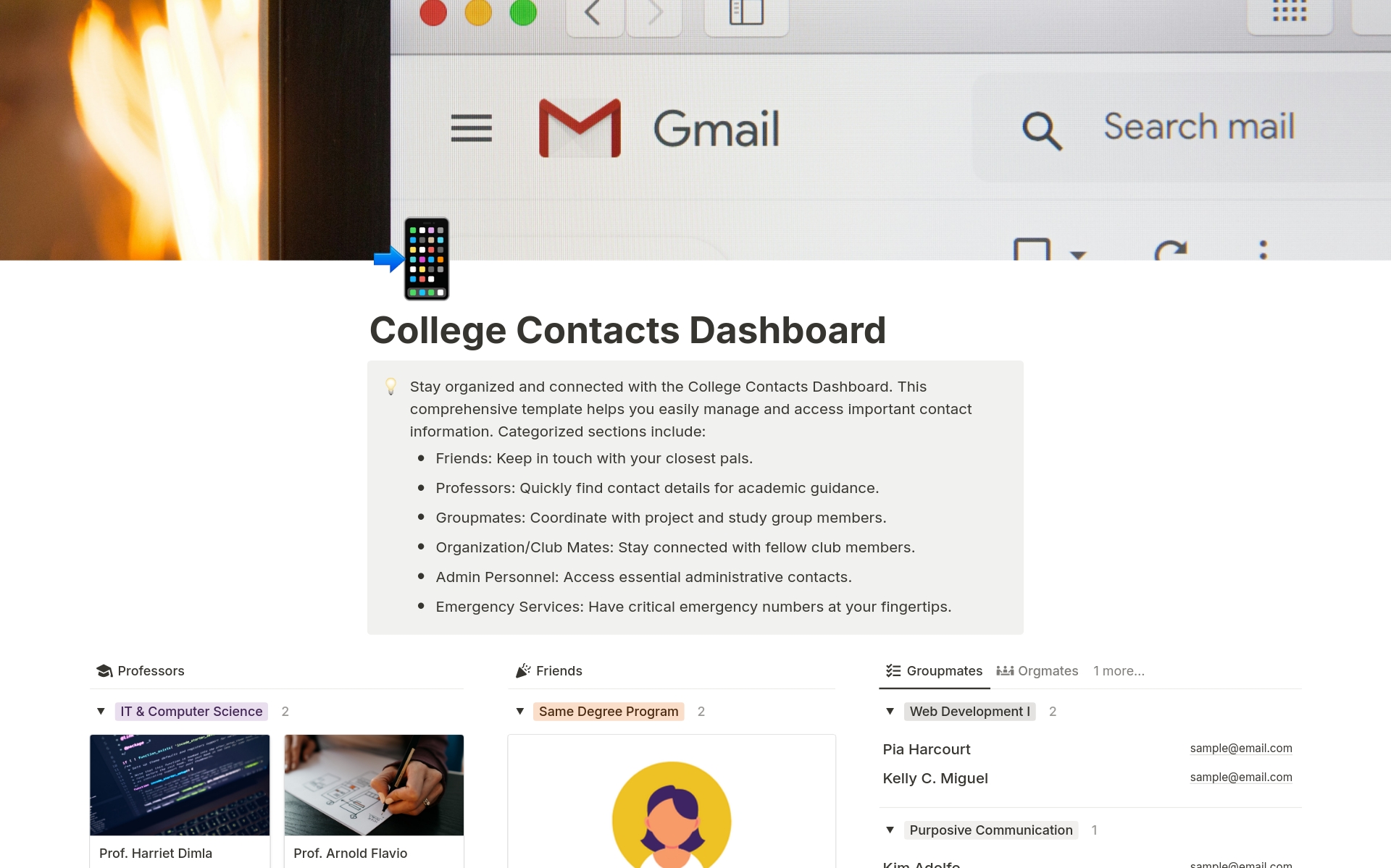 En förhandsgranskning av mallen för College Contacts Dashboard