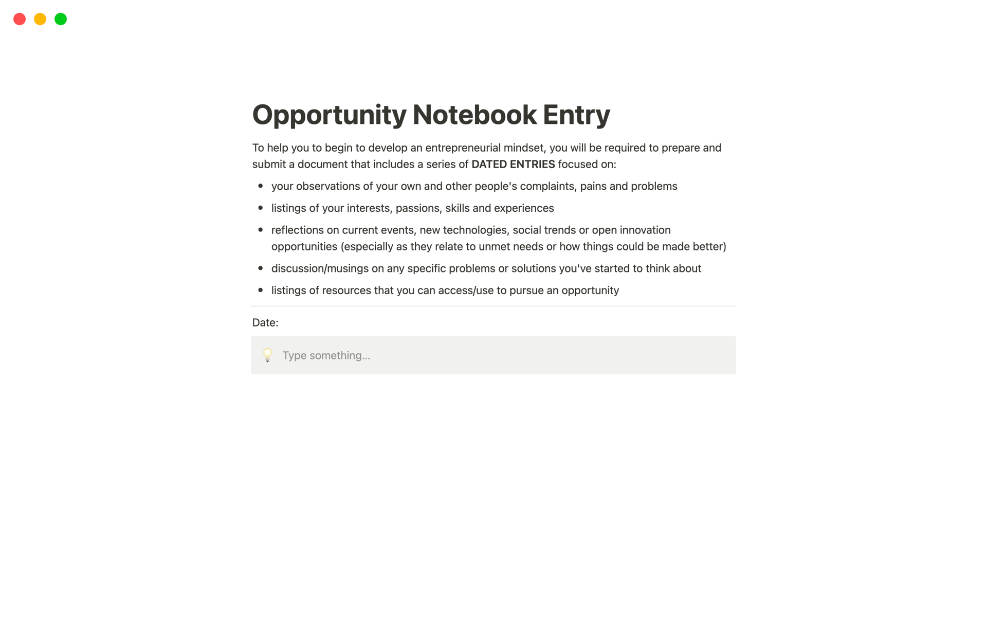 Uma prévia do modelo para Opportunity Notebook Entry