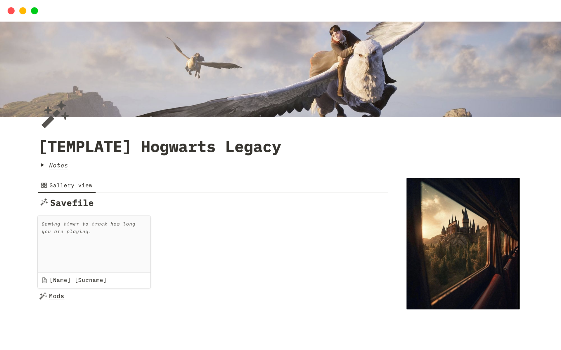 En förhandsgranskning av mallen för Hogwarts Legacy